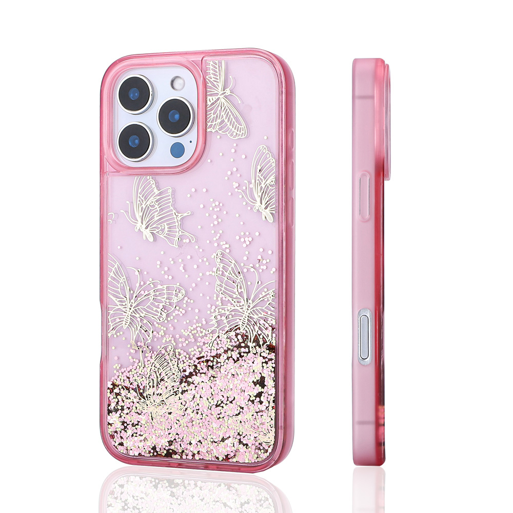Altın kelebekli ve simli pembe iPhone kılıfı. Yan görünüm ince profili gösterir.