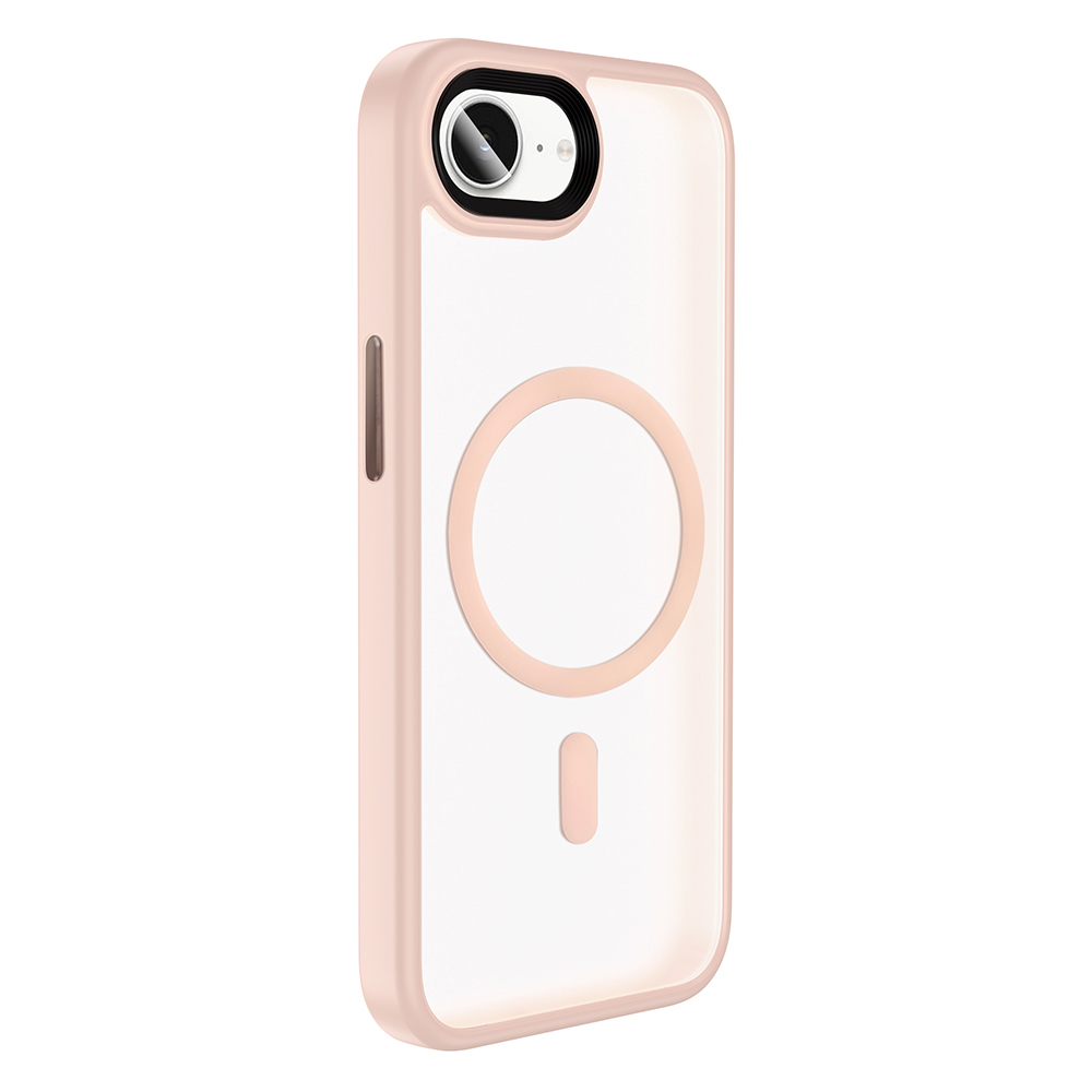 Kamera ve manyetik halka gösteren, pembe kenarlı şeffaf telefon kılıfı.
