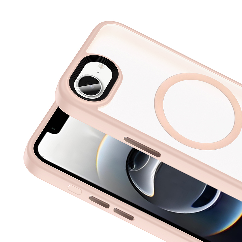 Kamera açıklığı ve manyetik halkası olan pembe telefon kılıfı.