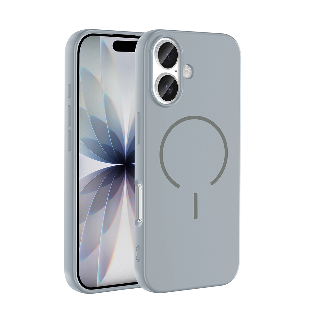Arkada manyetik halka sembollü gri telefon kılıfı, akıllı telefonun yanında.