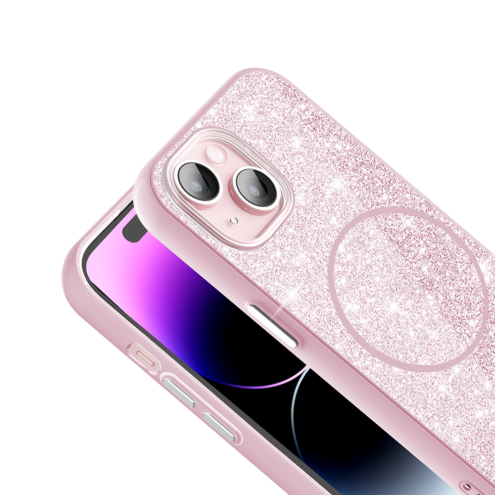Telefon üzerinde kamera kesimli pembe simli telefon kılıfı.