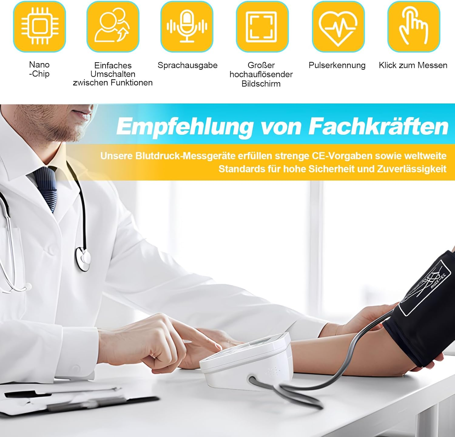 Arzt mit Blutdruckmessgerät am Arm eines Patienten mit Icons oben.