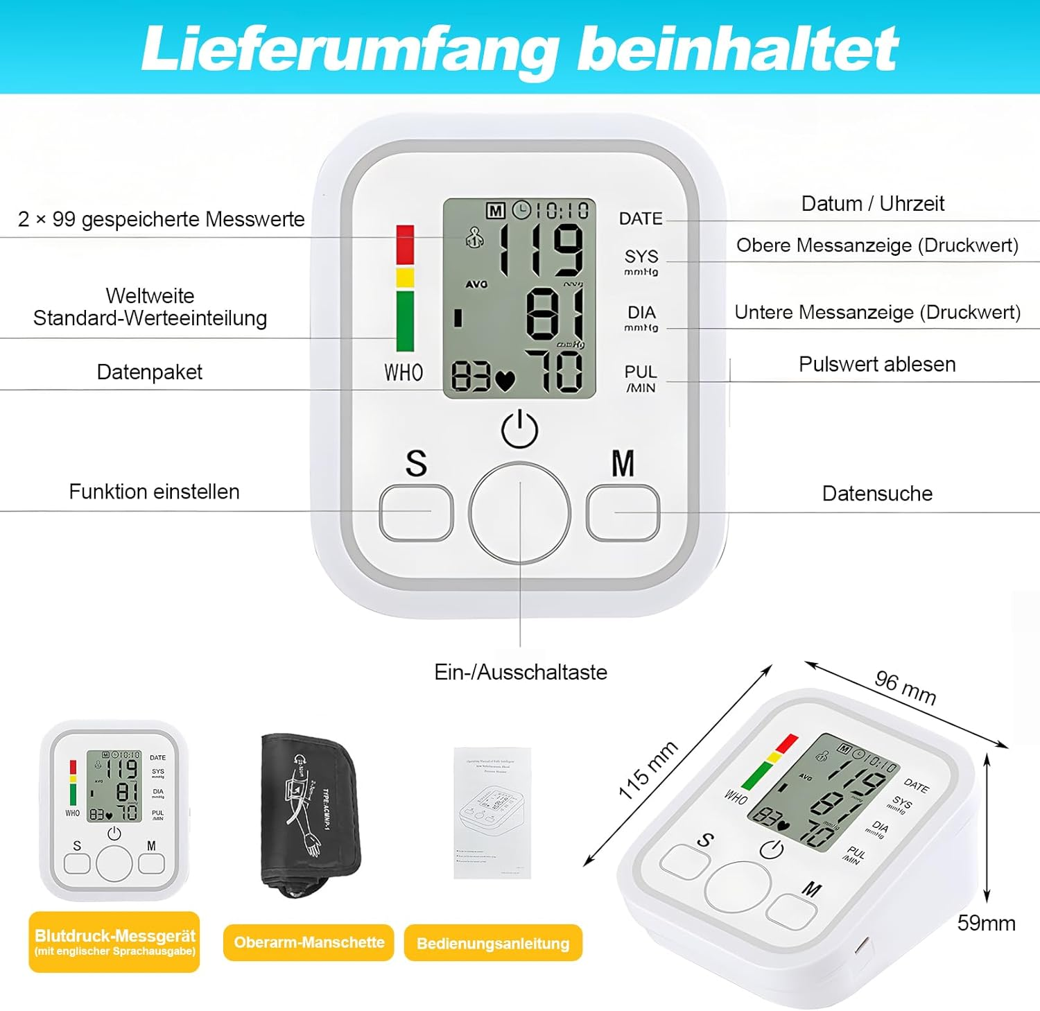 Lieferumfang eines Blutdruckmessgeräts mit Manschette und Anleitung.