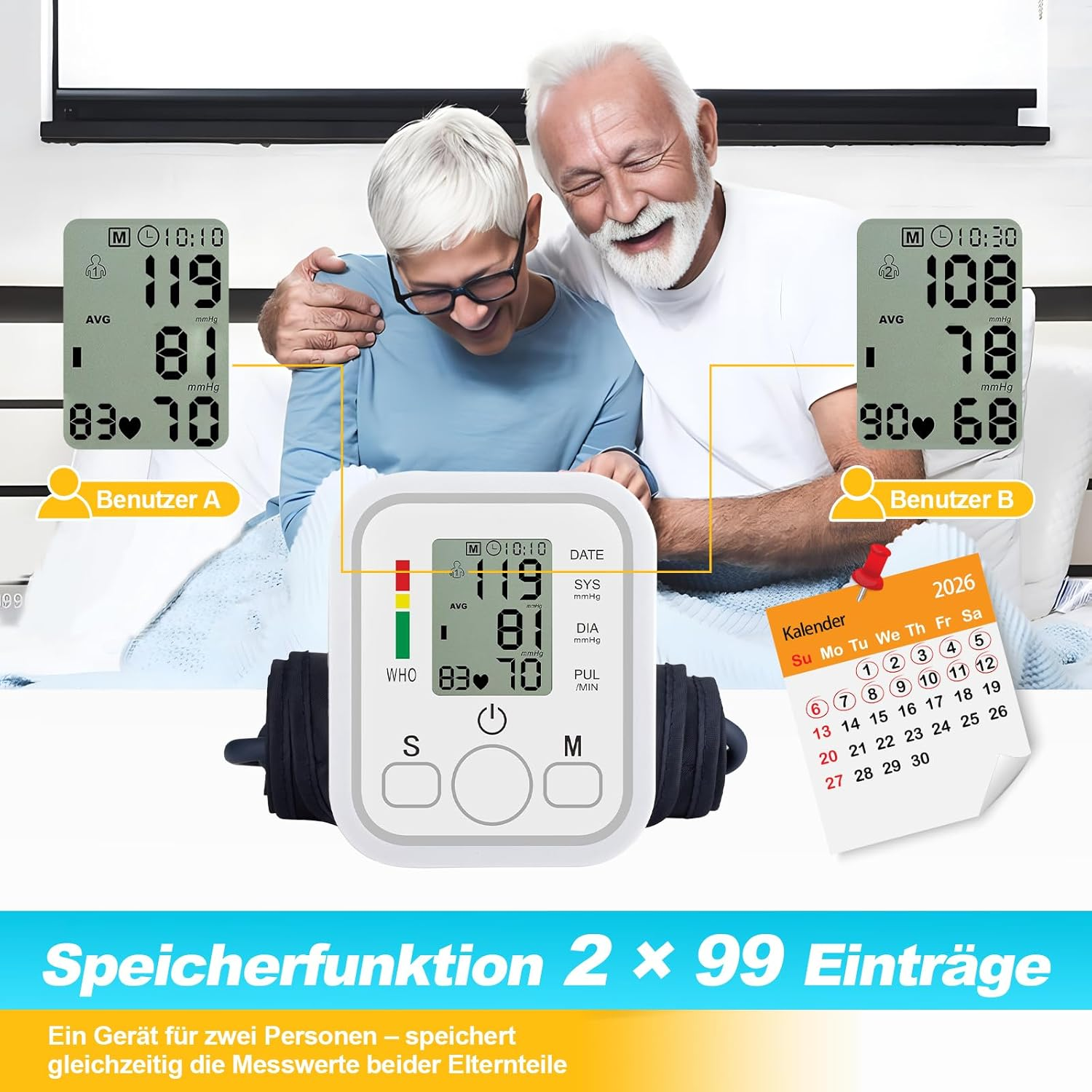 Älteres Paar mit Blutdruckmessgeräten. Ein Gerät zeigt 119/81, das andere 108/78.