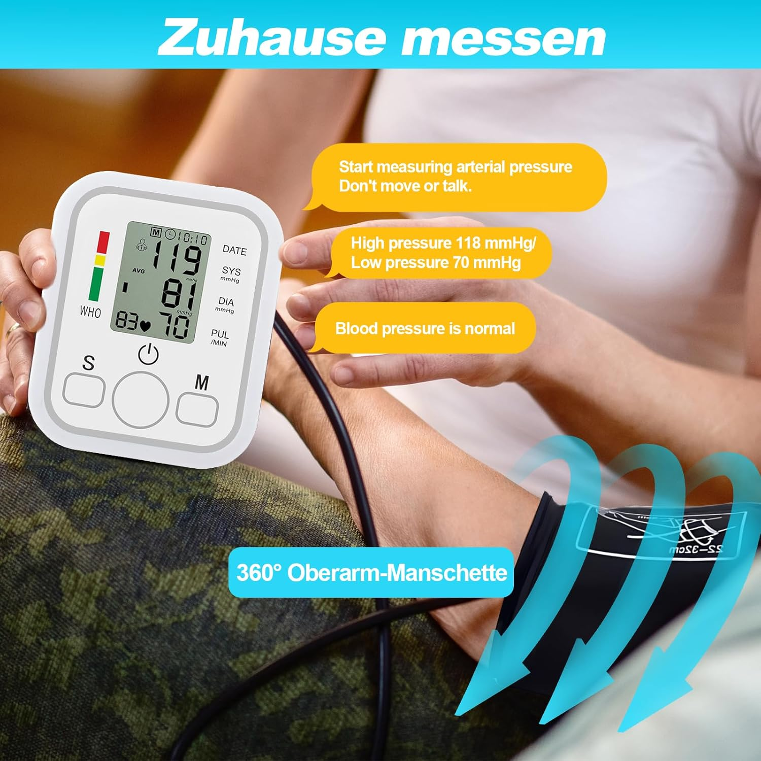Ein Mann misst seinen Blutdruck zu Hause mit einem digitalen Gerät. Die Manschette ist angelegt.