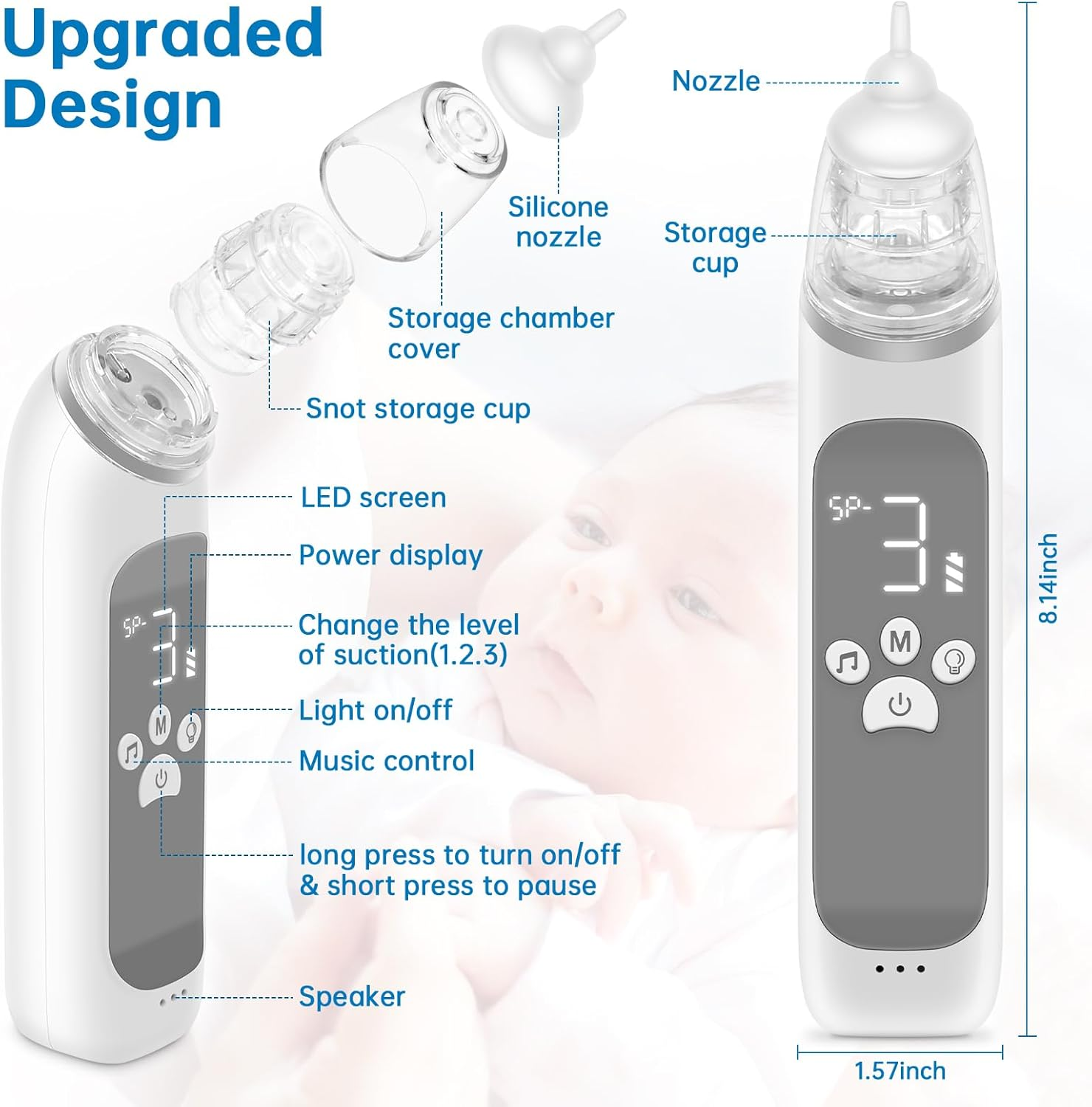 Baby-Nasensauger mit LED-Anzeige, Saugstufen 1-3, Licht und Musik.
