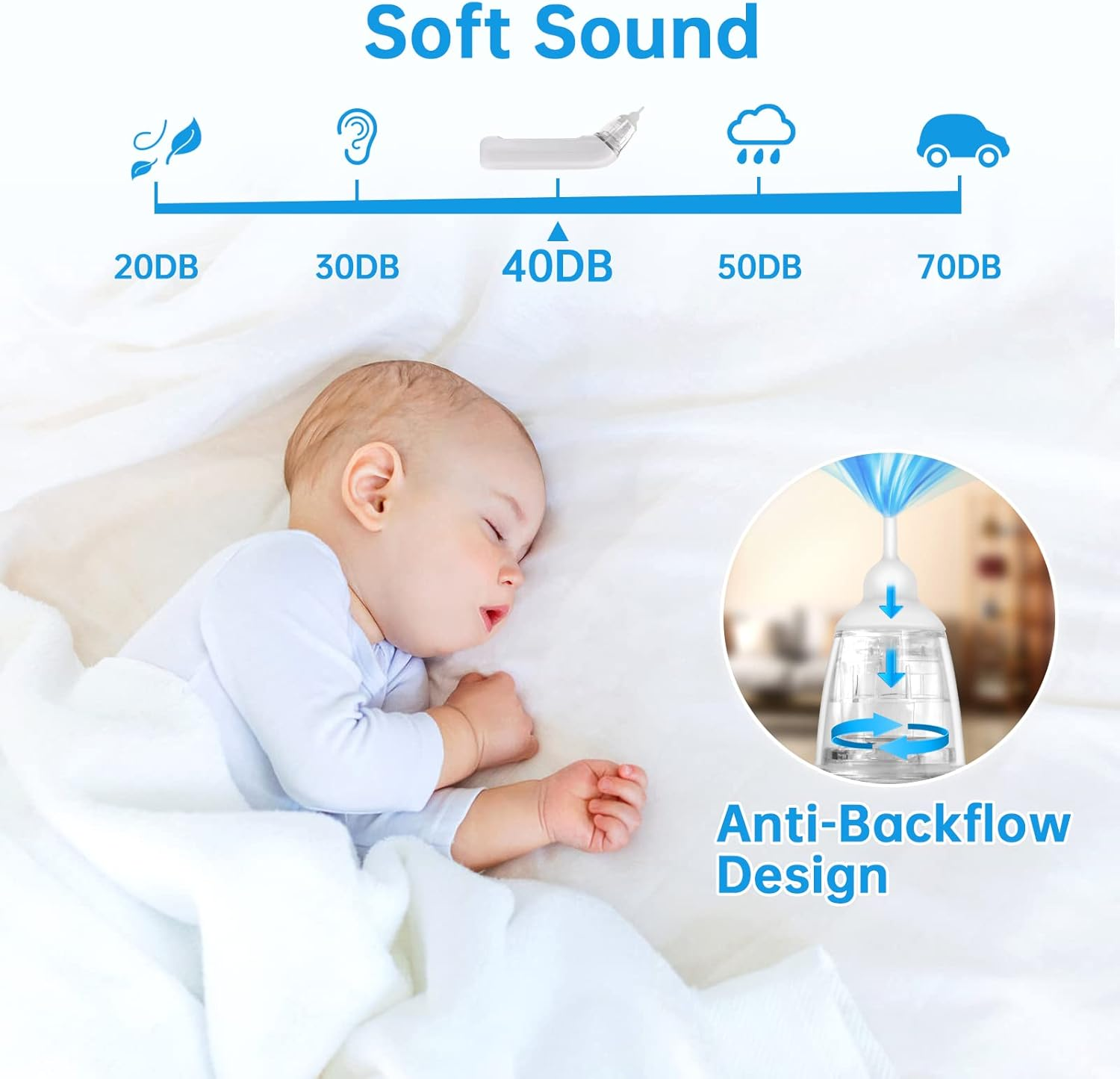 Ein Baby schläft friedlich, mit einem Bild eines Nasensaugers und Lautstärkeskala.