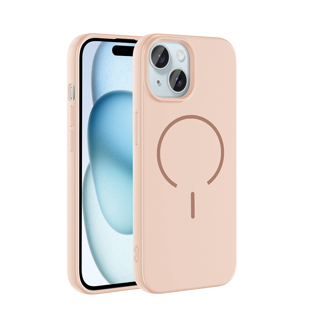 Arkada şarj göstergesi olan MagSafe kılıflı açık pembe bir iPhone.