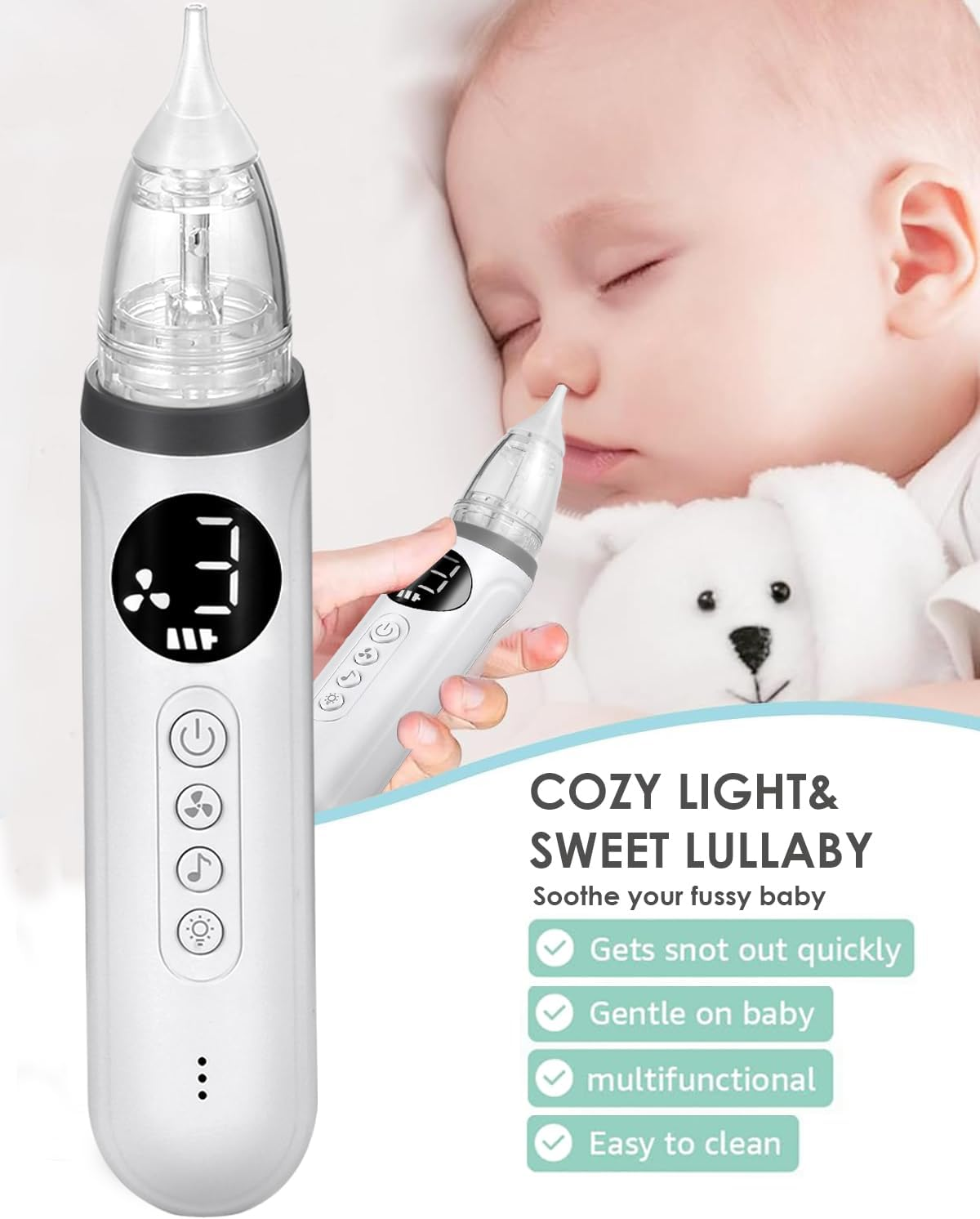 Ein Nasensauger wird bei einem schlafenden Baby angewendet. Links ist das Gerät zu sehen.