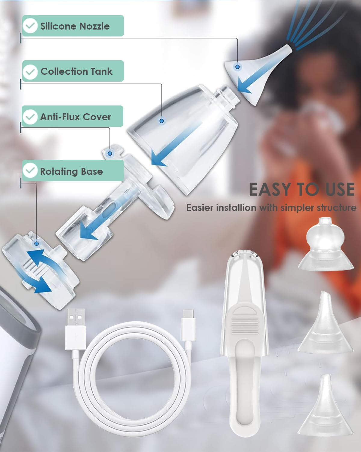 Ein Baby-Nasensauger-Set mit Silikondüse, Auffangbehälter und USB-Kabel.