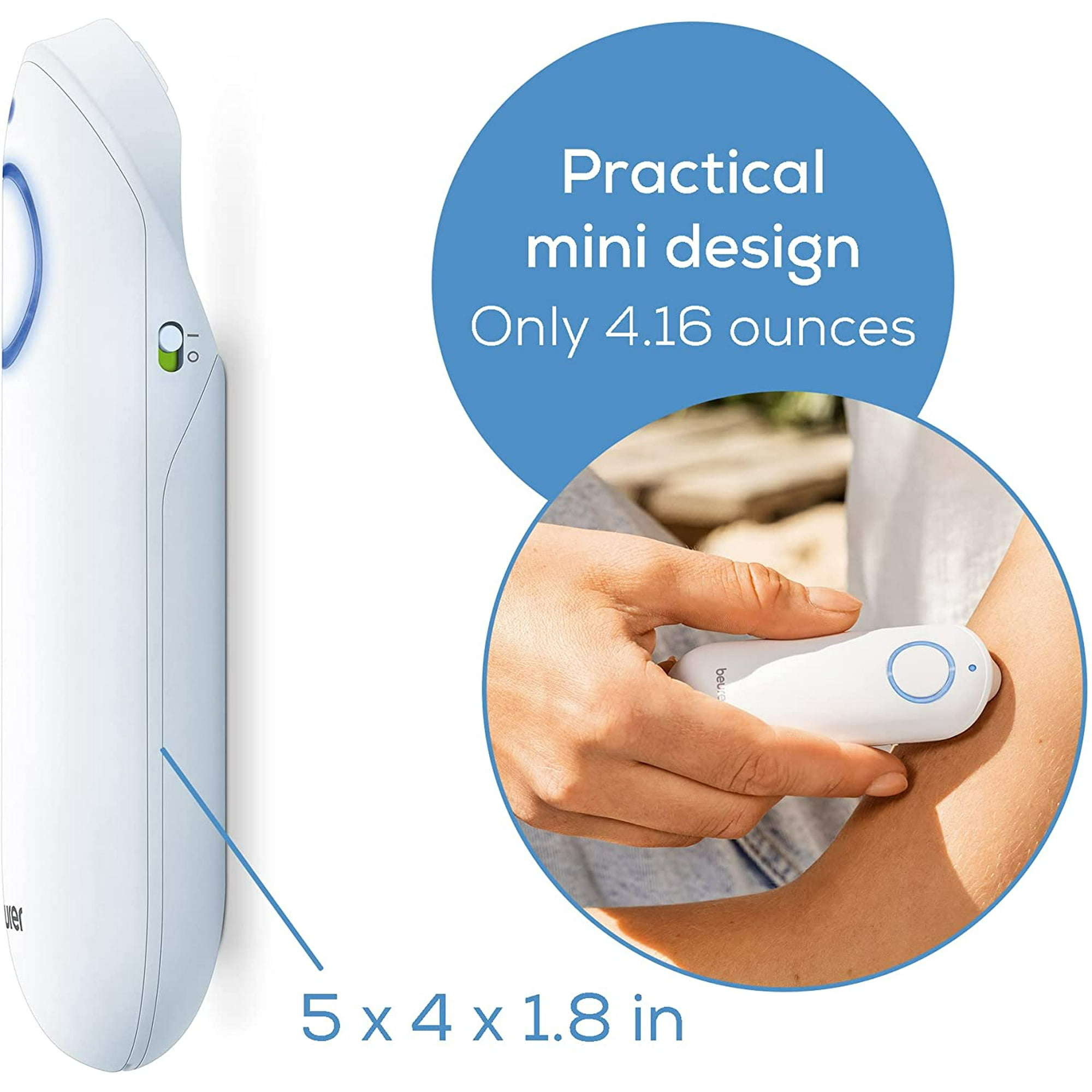 Ein weißes Thermometer wird auf einem Arm platziert. Der Text besagt 'Praktisches Mini-Design'.