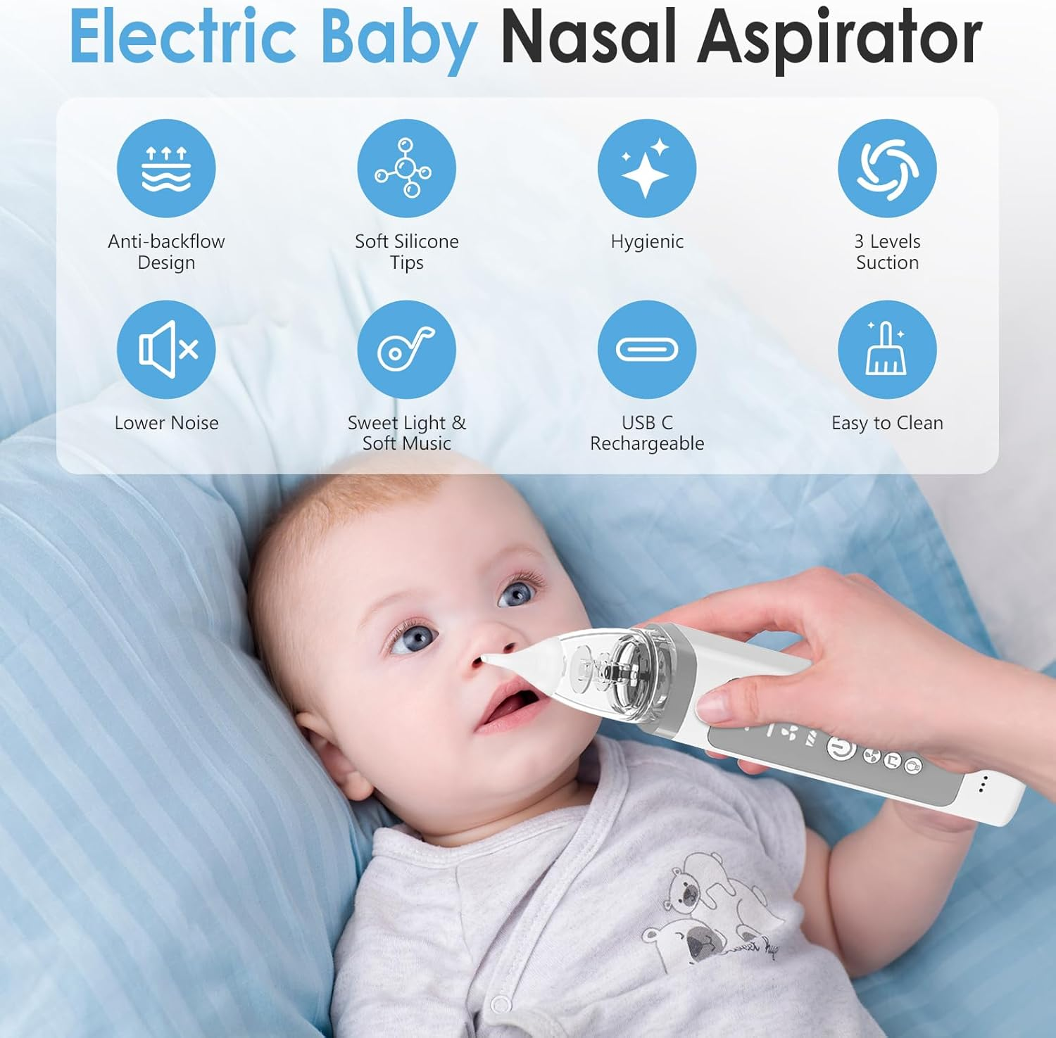 Baby mit Nasensauger. Merkmale: Rückfluss-Schutz, weiche Spitzen, hygienisch, 3 Saugstufen.