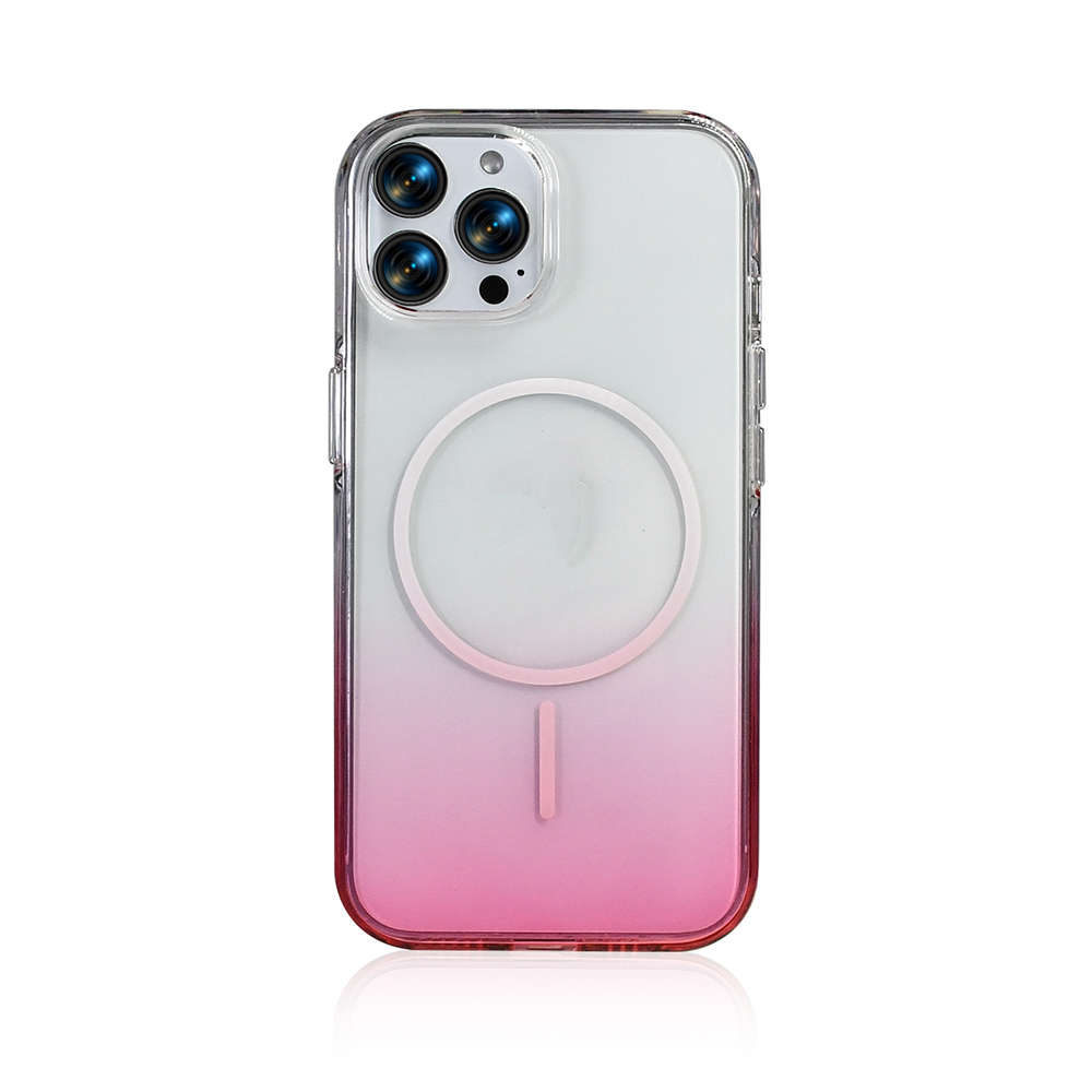Pembe-beyaz geçişli şeffaf iPhone kılıfı, kamera modülü özellikli.