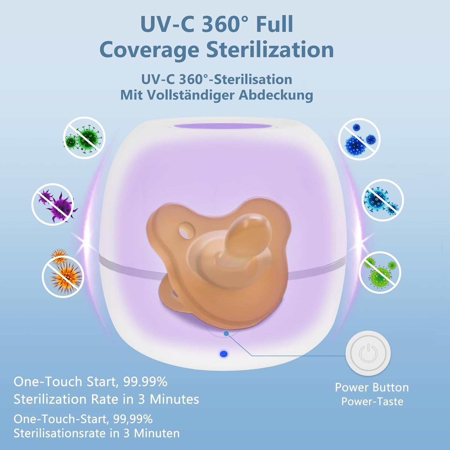 Sterilisator mit Schnuller, UV-C 360° Abdeckung, 99,99% Keimreduktion in 3 Min.