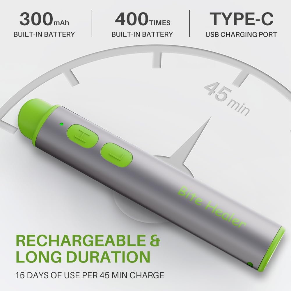 Graues Gerät mit grünen Akzenten, 300 mAh, 400 Ladungen, Typ-C, 45 Min. Ladezeit.