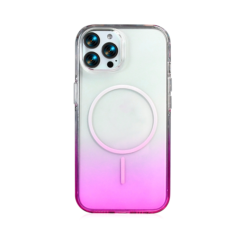 Pembe degrade, MagSafe halkası ve kamera kesimli şeffaf kılıf.
