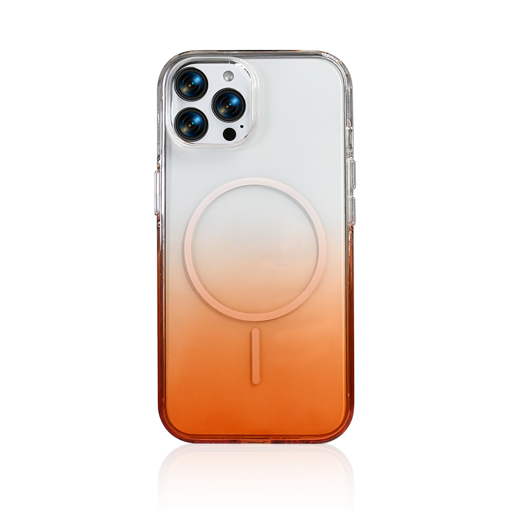 Beyazdan turuncuya geçişli iPhone kılıfı, kamera modülü ve manyetik halka.