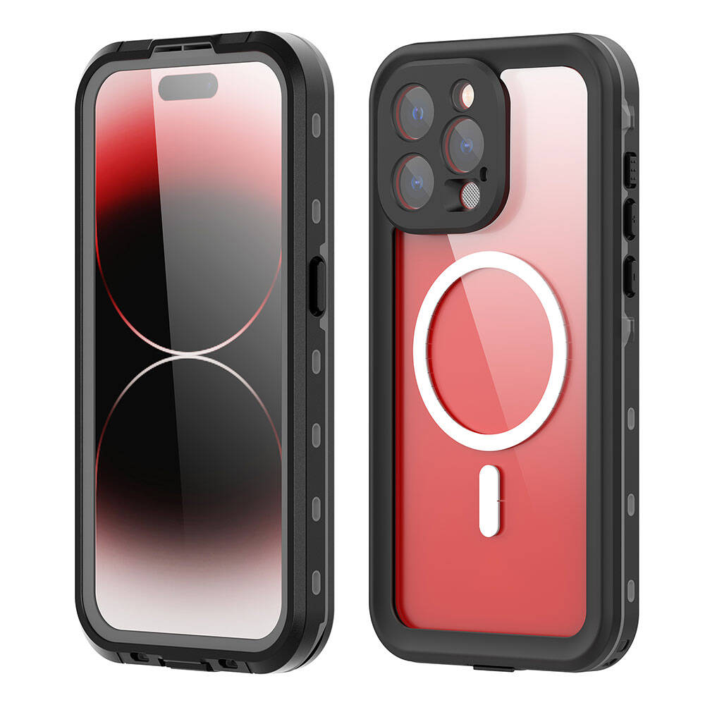 iPhone için siyah koruyucu kılıf, ön ve arka kamera görünümleri.