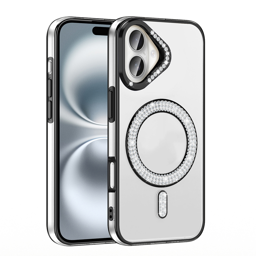 Kamera ve dairesel mıknatıs etrafında elmaslarla süslü gümüş iPhone kılıfı.