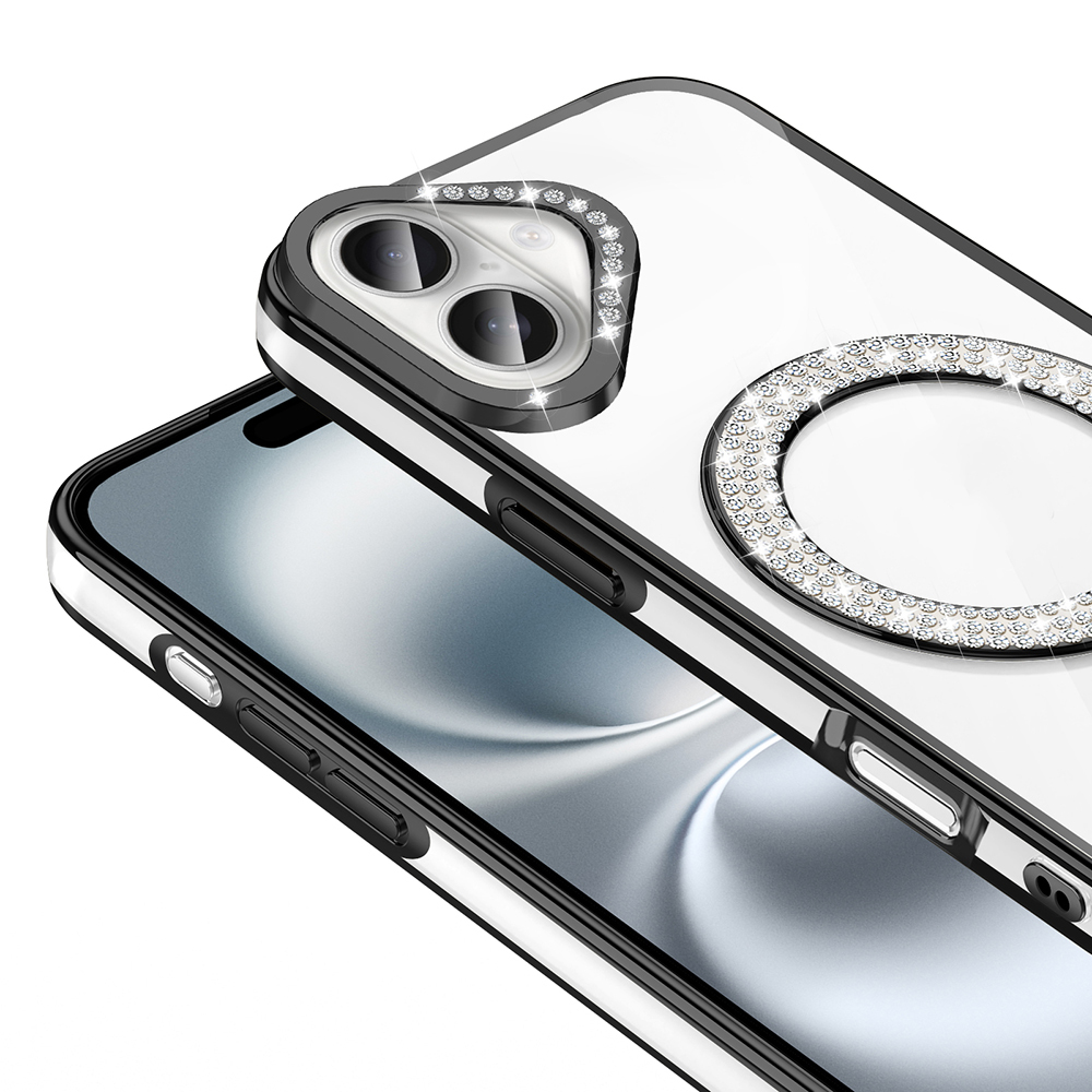 Telefon üzerinde elmas yüzük ve kamera süslemeli şeffaf telefon kılıfı.