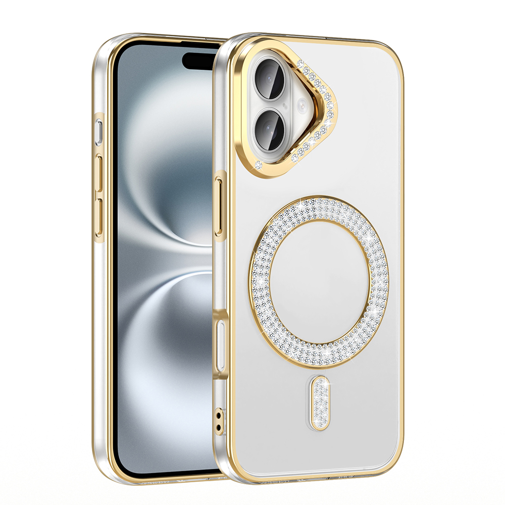 Altın kenarlı elmaslı telefon kılıfı, dairesel ve oval şekil içerir.