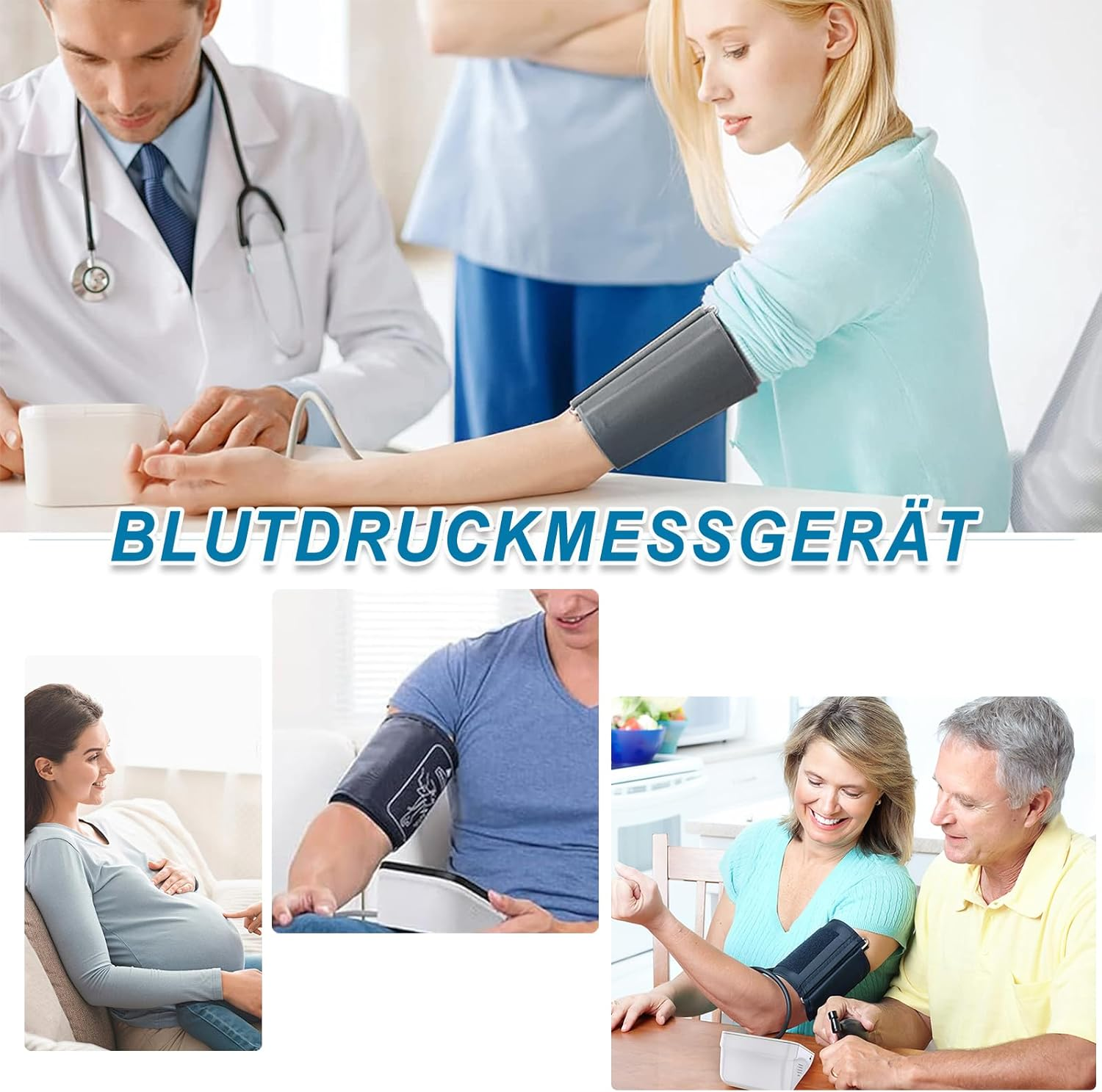 Ärzte messen Blutdruck bei schwangerer Frau, Mann und älterem Paar.