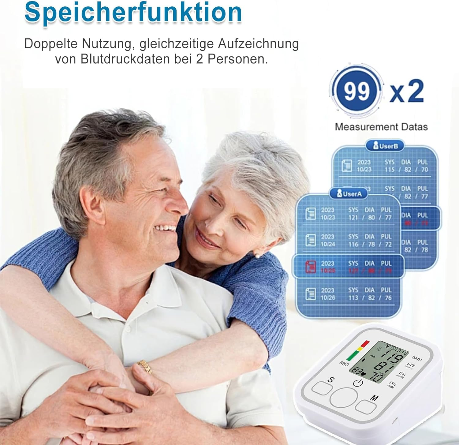 Älteres Paar umarmt sich, Blutdruckmessgerät und Messdaten auf dem Bildschirm.
