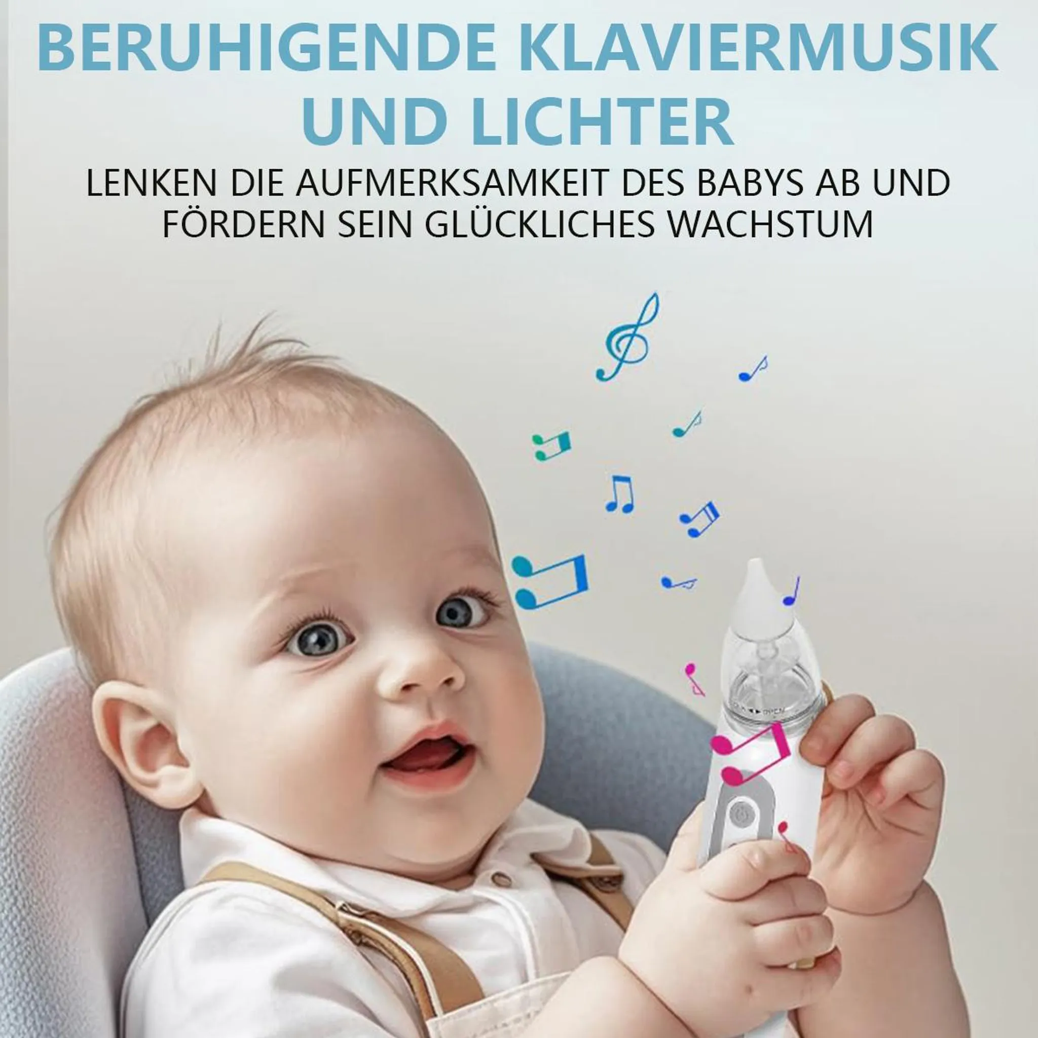 Ein Baby hält ein Gerät, Musiknoten schweben um es herum.
