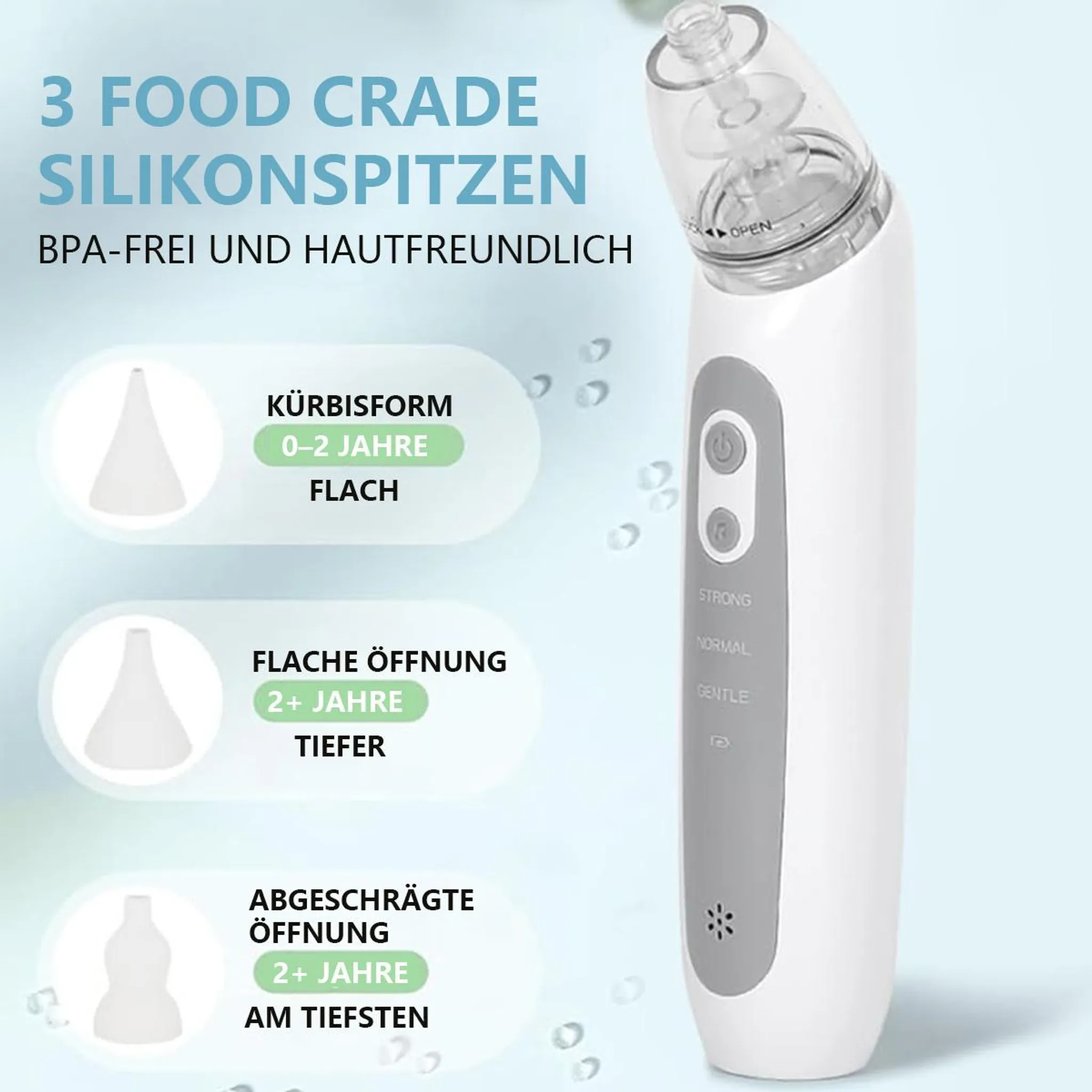 Nasensauger mit drei Silikonspitzen: Kürbis-, Flach- und abgeschrägte Form.