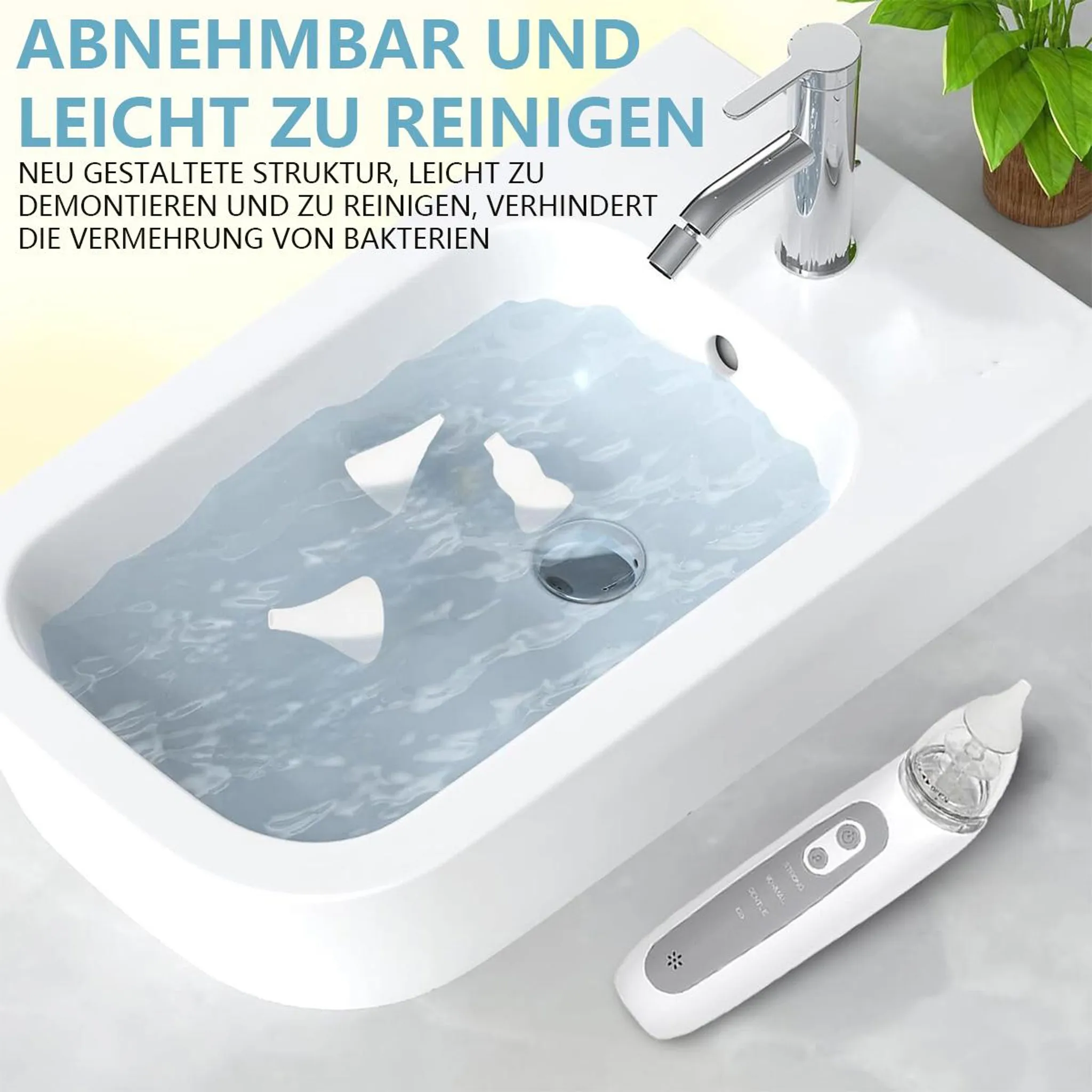Ein weißer Nasensauger liegt neben einem Waschbecken mit Wasser und Nasensaugeraufsätzen.