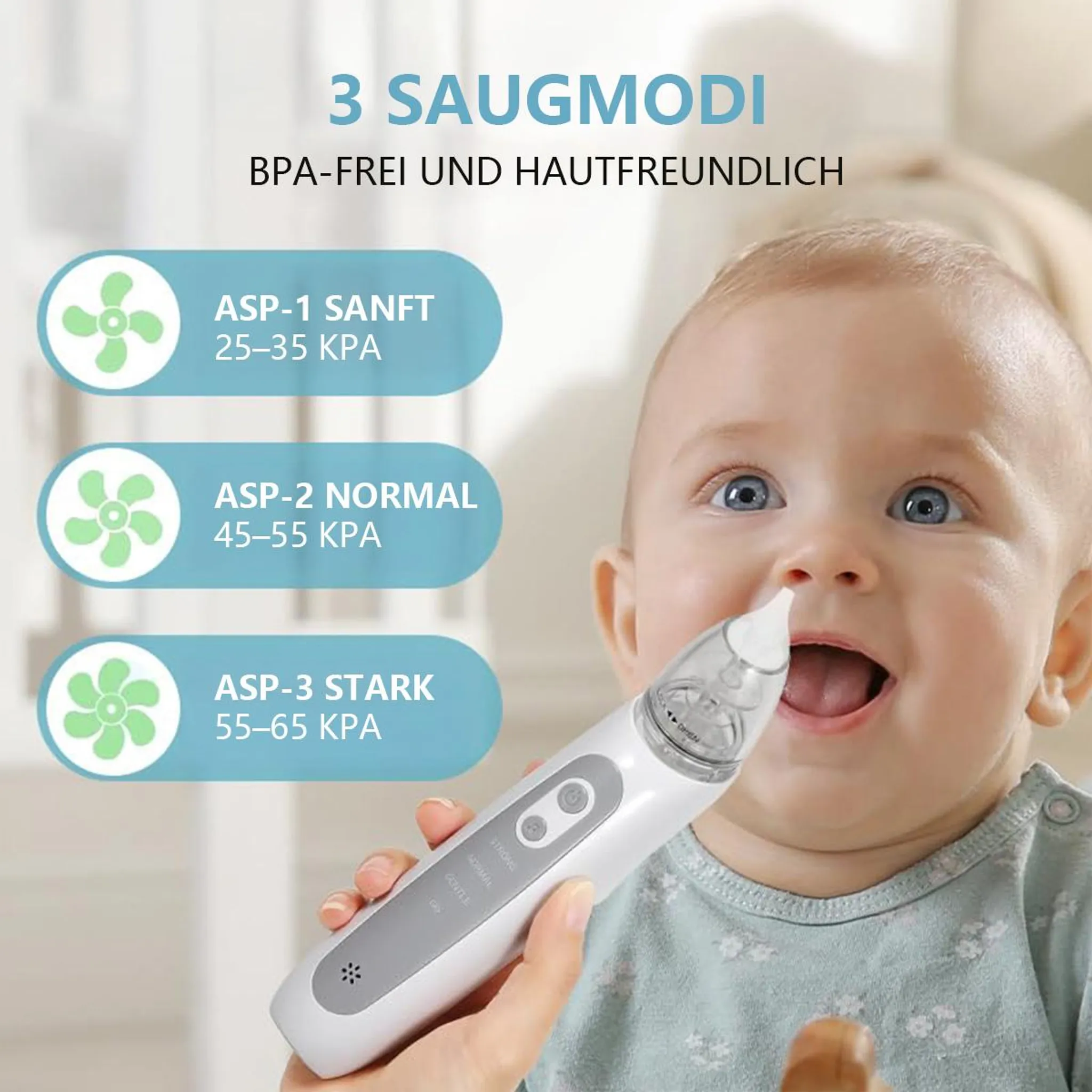 Baby mit Nasensauger, 3 Saugmodi: Sanft, Normal, Stark.