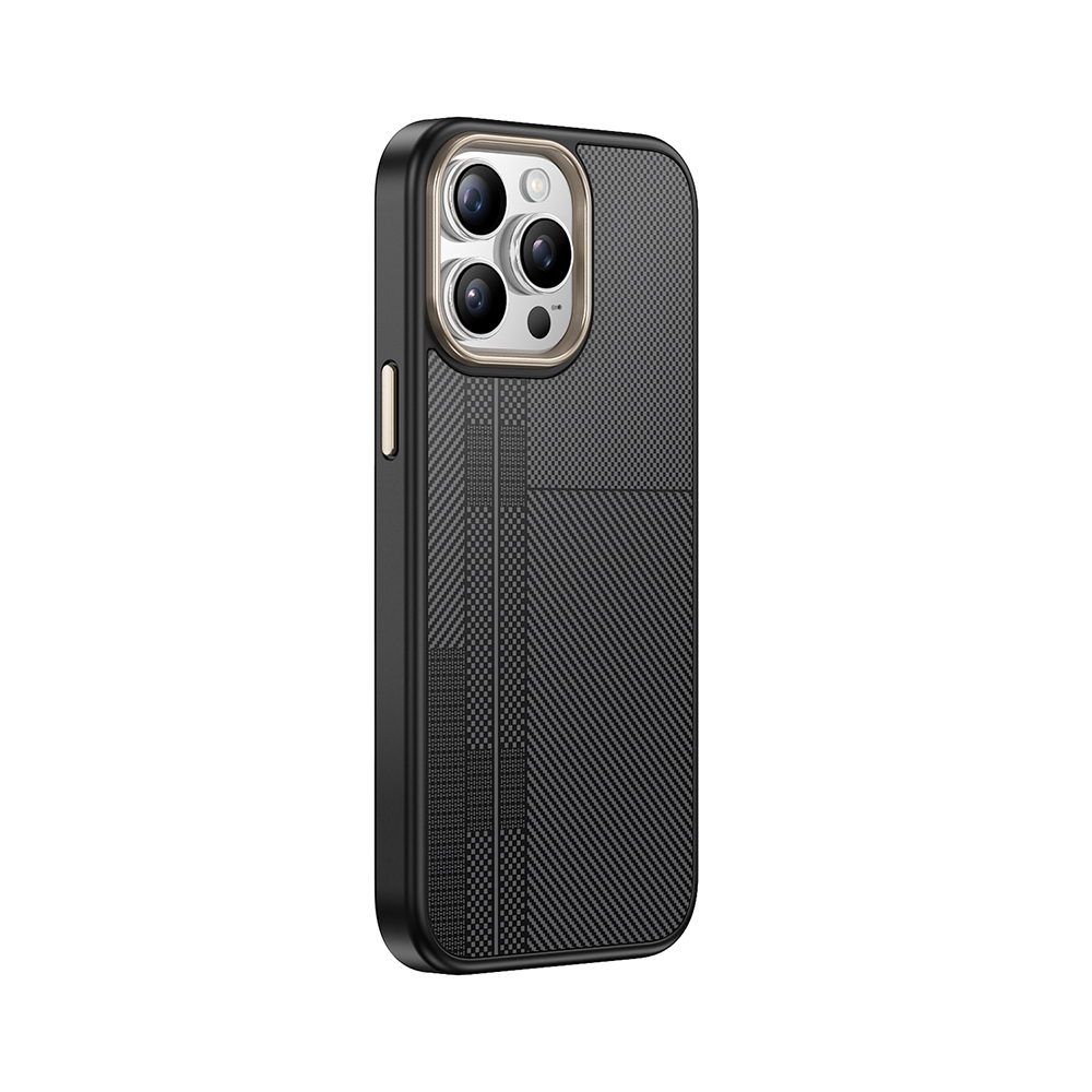 Kamera adası ve dokulu arka yüzü olan siyah telefon kılıfı.