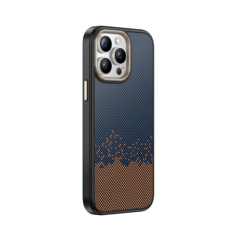 Mavi ve kahverengi geometrik desenli siyah telefon kılıfı.