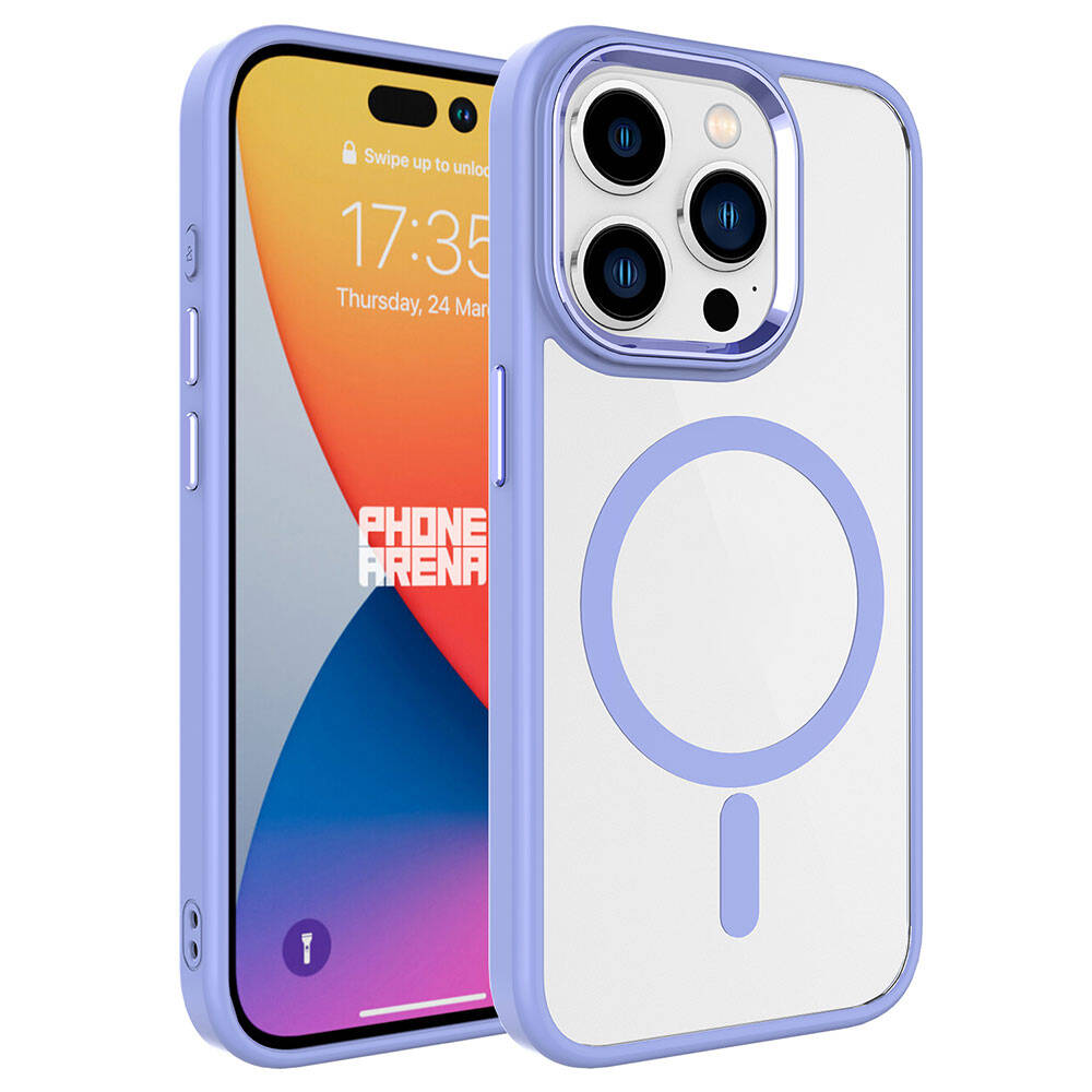 Kilitli iPhone ekranı önünde manyetik halkalı mor iPhone kılıfı.