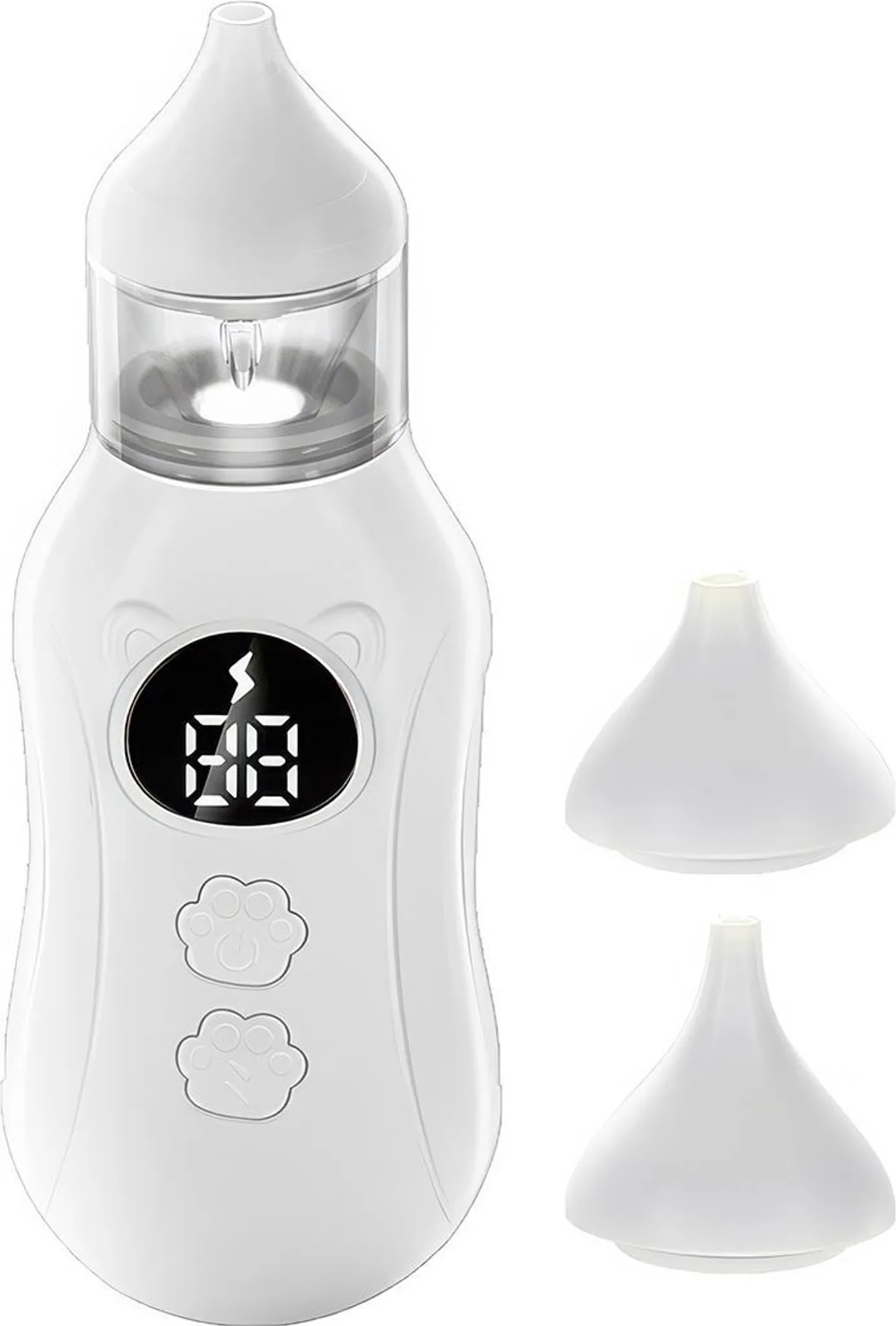 Ein weißes Baby-Nasensauggerät mit Digitalanzeige und zwei Aufsätzen daneben.