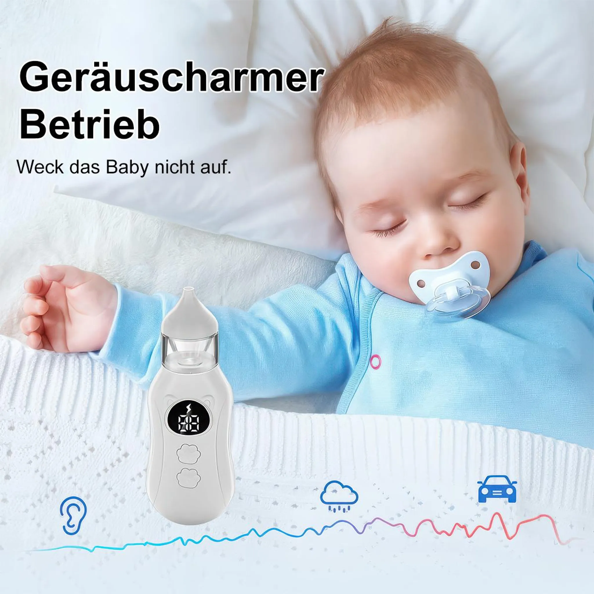 Ein Baby schläft mit Schnuller, daneben ein Nasensauger mit Display.