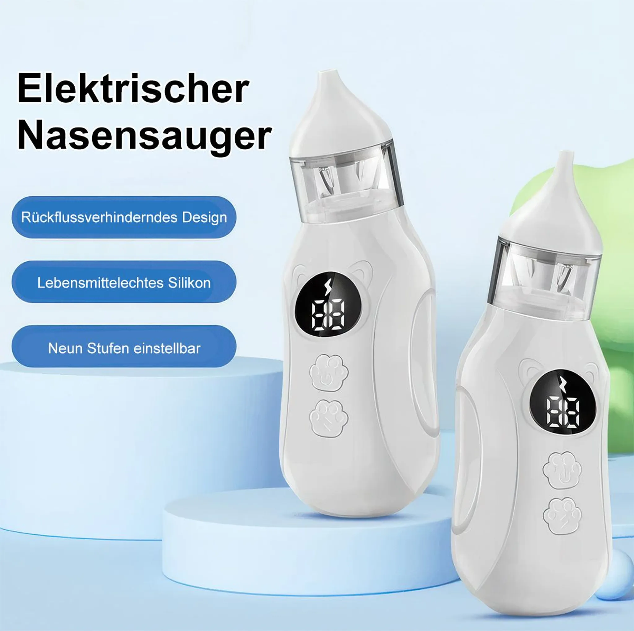 Zwei weiße elektrische Nasensauger mit digitalen Anzeigen und Tatzenknöpfen.