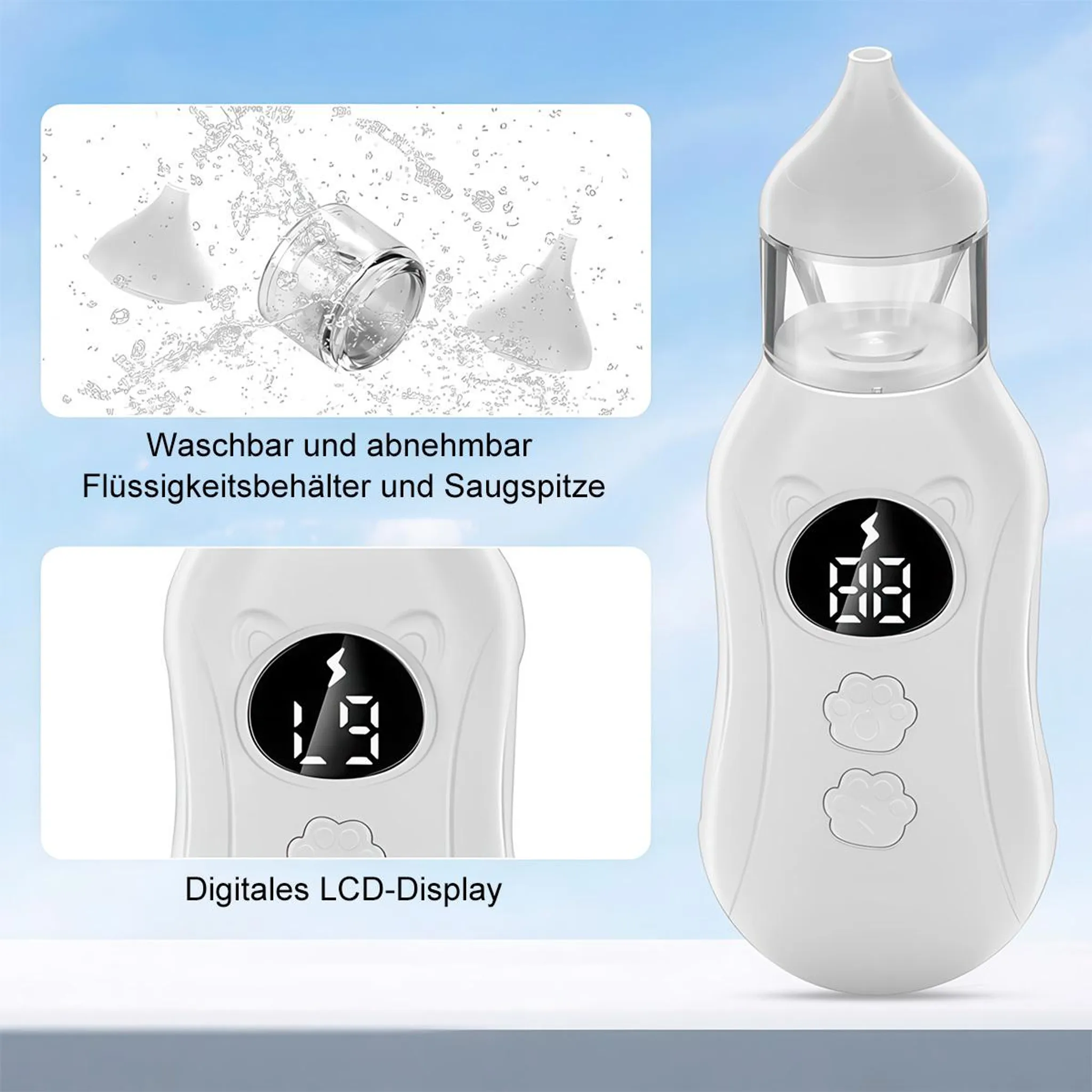 Ein weißes Nasensauggerät mit LCD-Display und zwei Saugspitzen, eine davon mit Wasser.