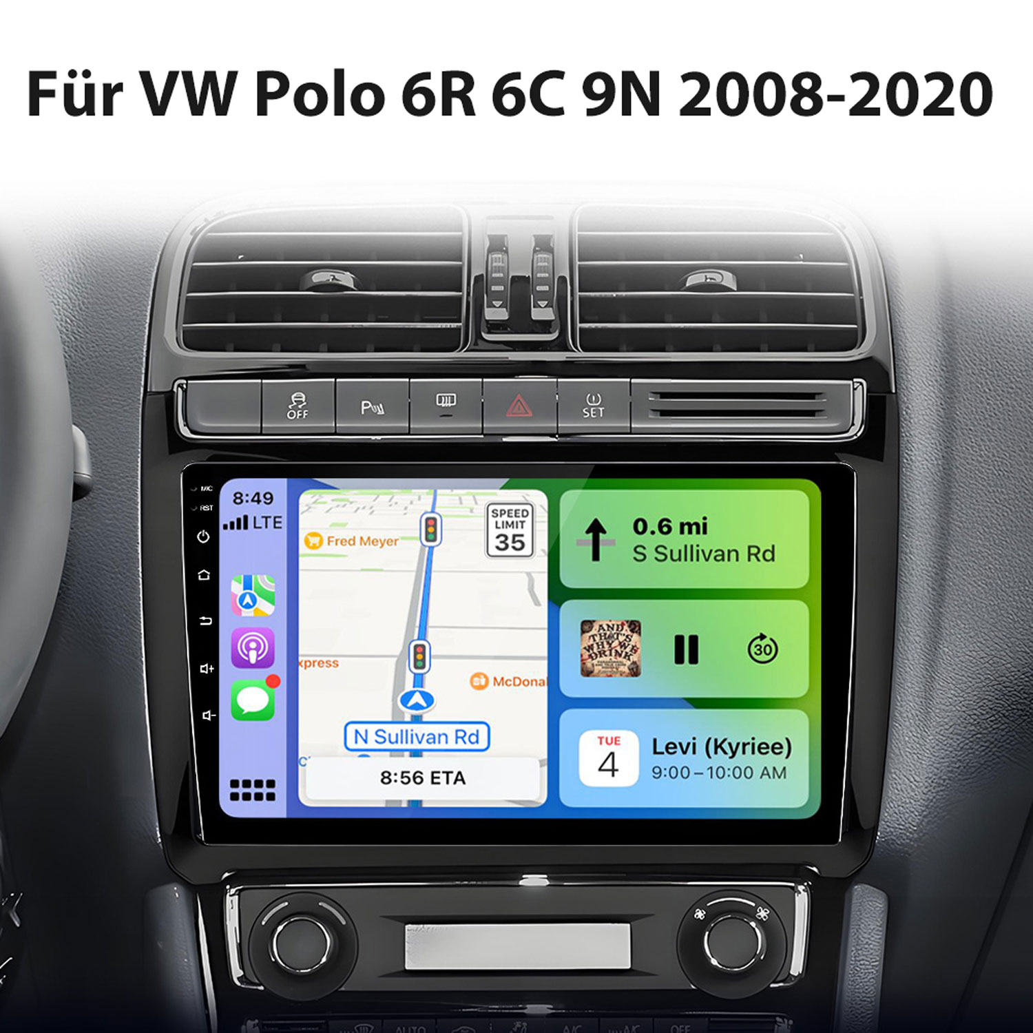 VW Polo 6R 6C 9N Armaturenbrett mit Navigationsbildschirm, Musik und Terminen.