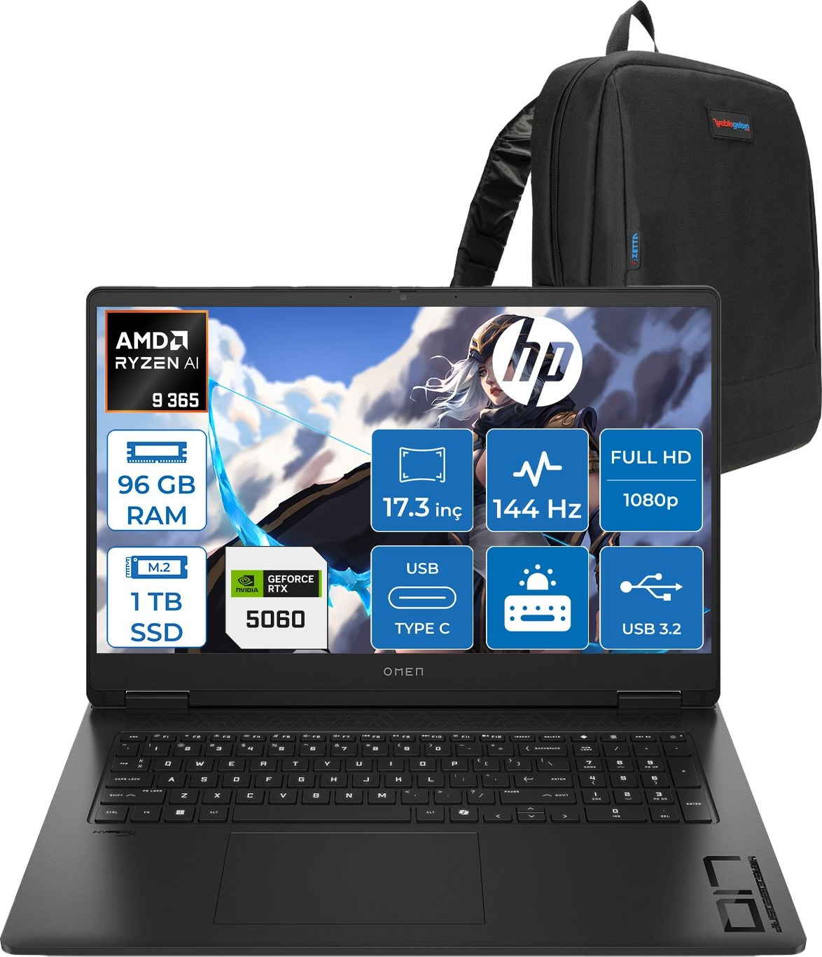 AMD Ryzen AI 9 365, 96 GB RAM, 1 TB SSD, RTX 5060 ve sırt çantasına sahip siyah HP Omen dizüstü bilgisayar.