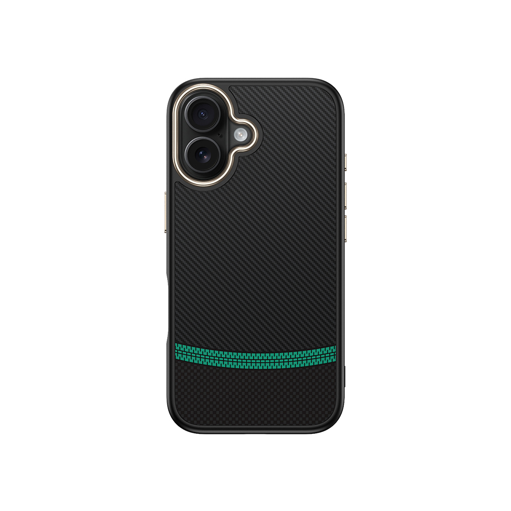 Karbon fiber desenli, çift kameralı, yeşil fermuar detaylı siyah telefon kılıfı.