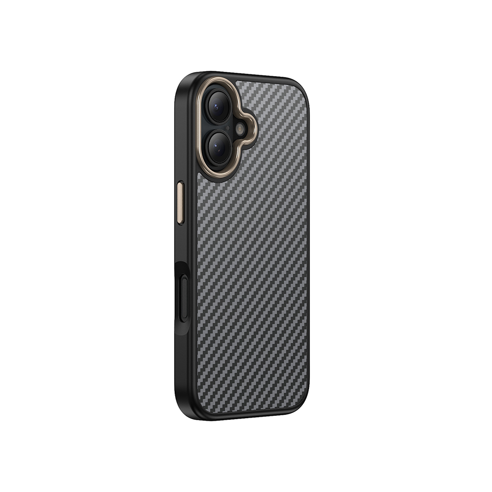 Karbon fiber desenli ve kamera kesimli siyah telefon kılıfı.