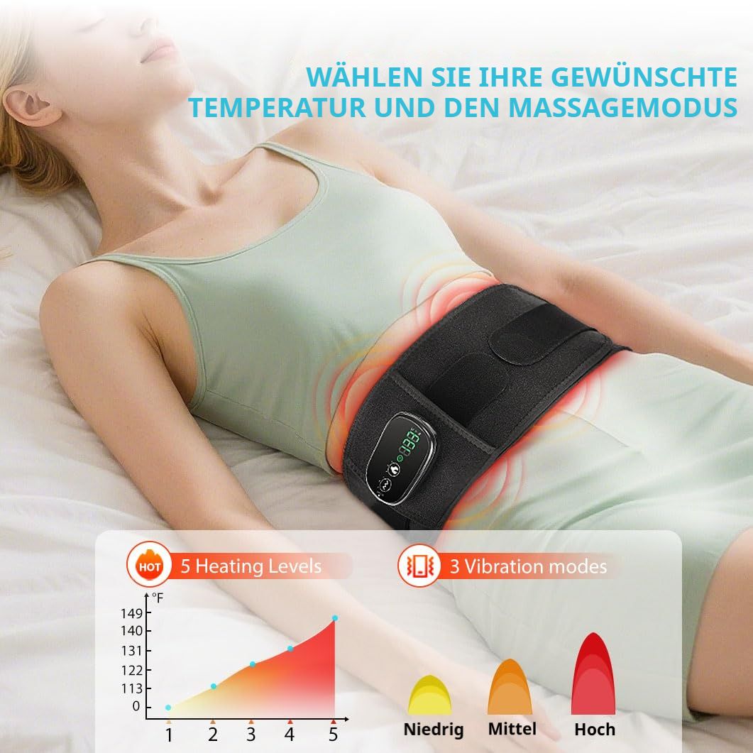 Frau mit Heiz- und Vibrationsgürtel, der die Einstellungen zeigt.