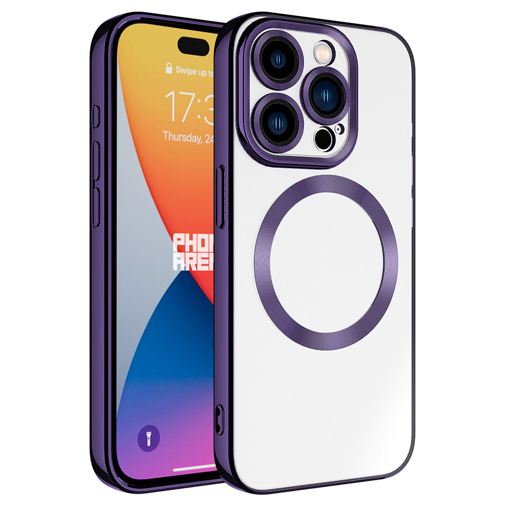 Mor iPhone kılıfı, şeffaf arka ve kamera kesimi.