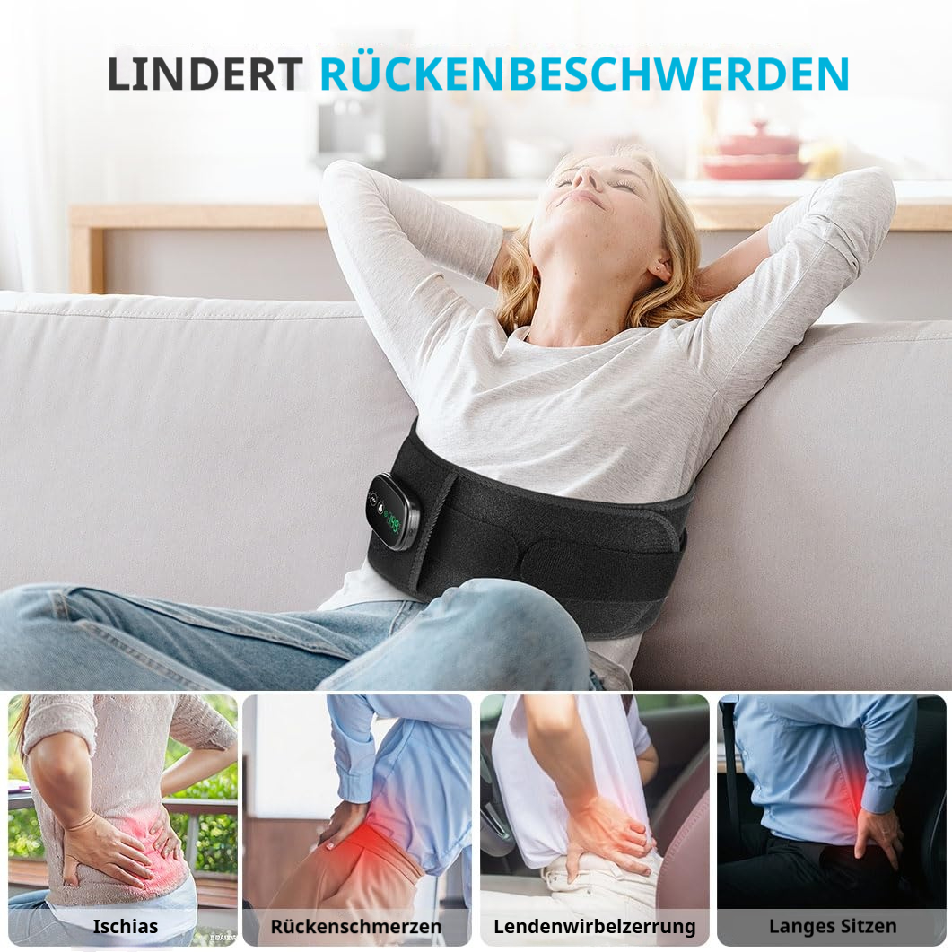 Frau entspannt auf Sofa mit Rückenbandage, kleine Bilder zeigen Rückenschmerzen.