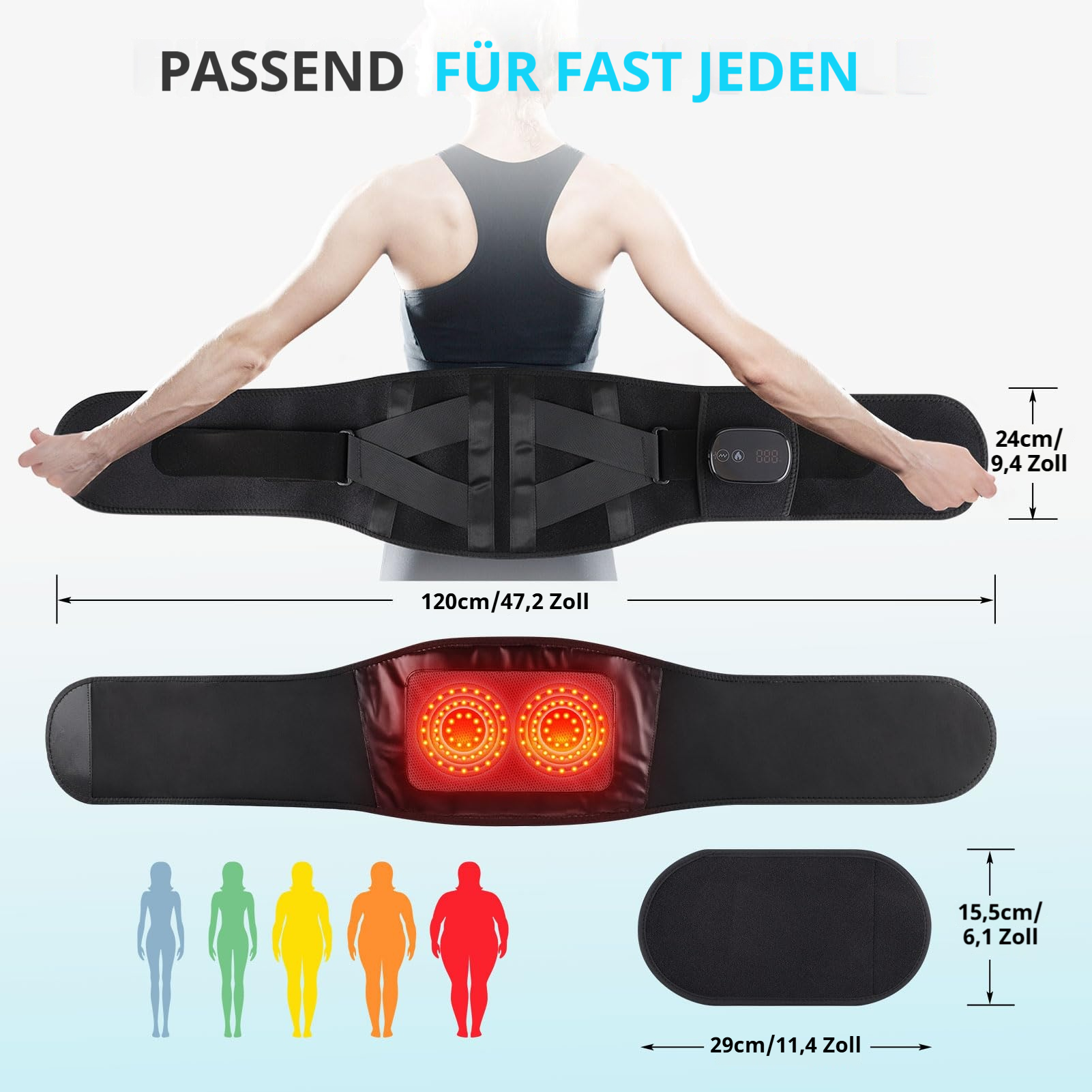 Ein Mann trägt einen schwarzen Rückenstützgürtel mit Heizelementen. Maße sind angegeben.