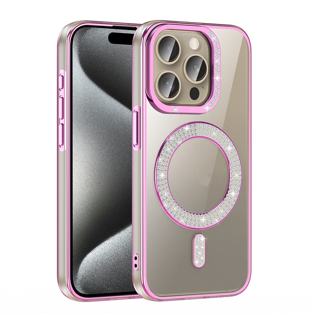 Telefon üzerinde elmas taşlı pembe ve şeffaf telefon kılıfı.