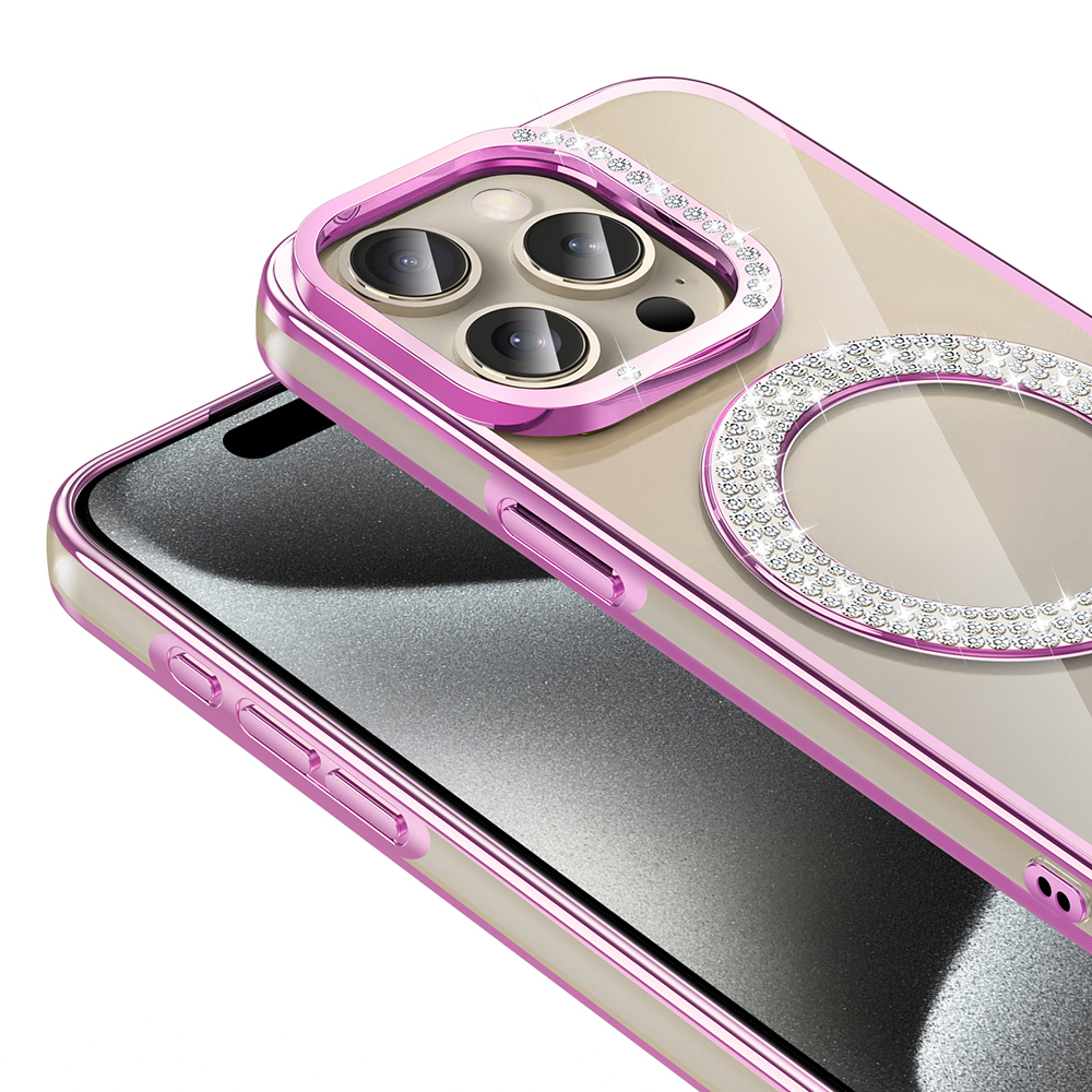 Kamera ve halka etrafında parlak taşlarla süslenmiş pembe iPhone kılıfı.
