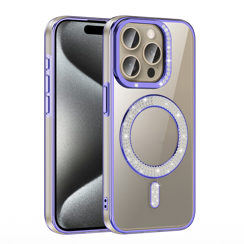 Mor iPhone kılıfı, taşlı, kamera korumalı ve manyetik halkalı.