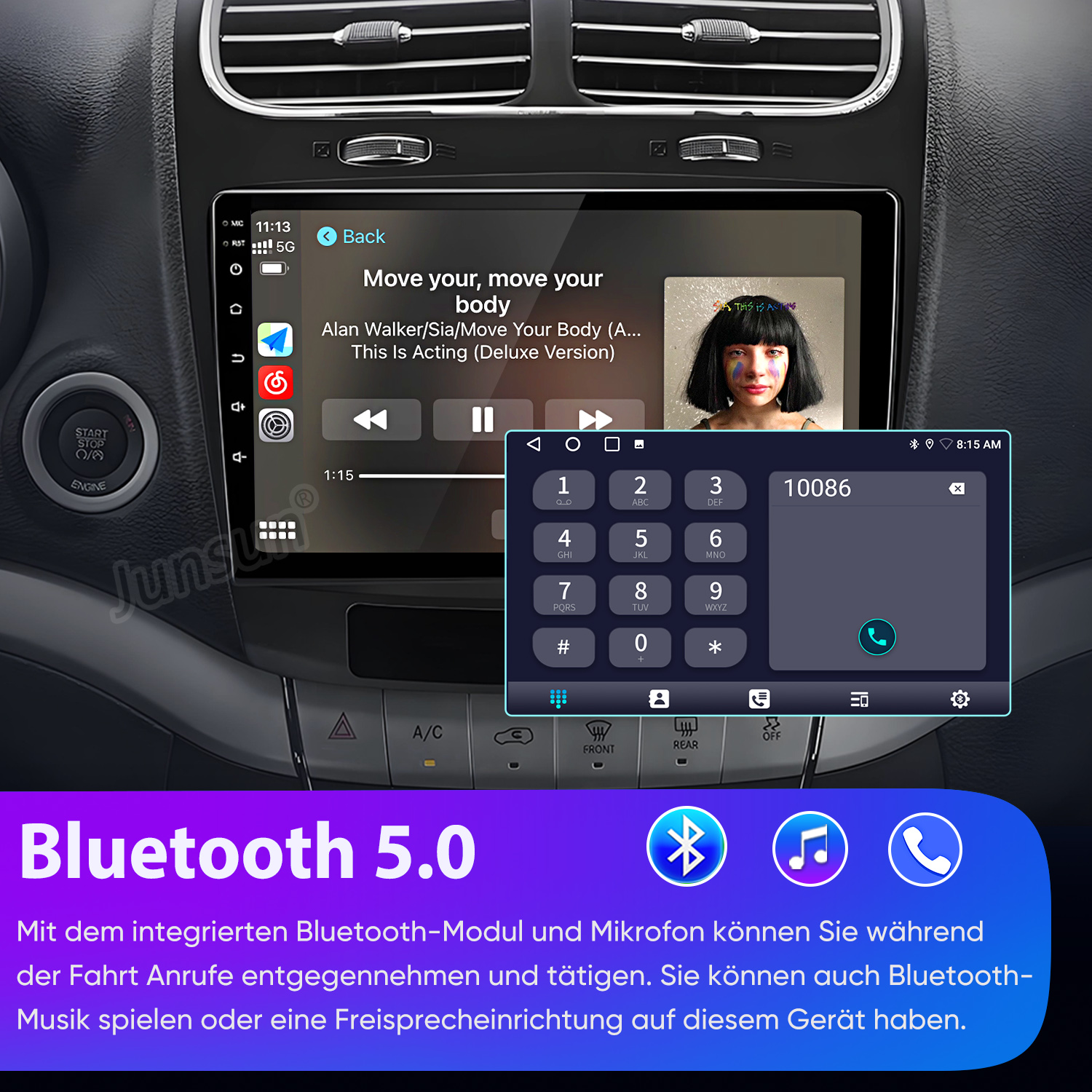Ein Autoradio zeigt Musikwiedergabe und ein Ziffernfeld. Unten steht Bluetooth 5.0.